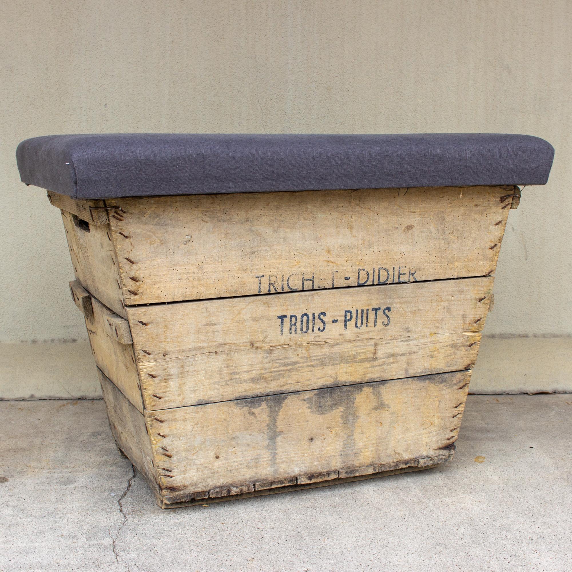 Antique French Champagne Harvest Ottoman with Upholstered Linen Top in Charcoal In Fair Condition In Houston, TX