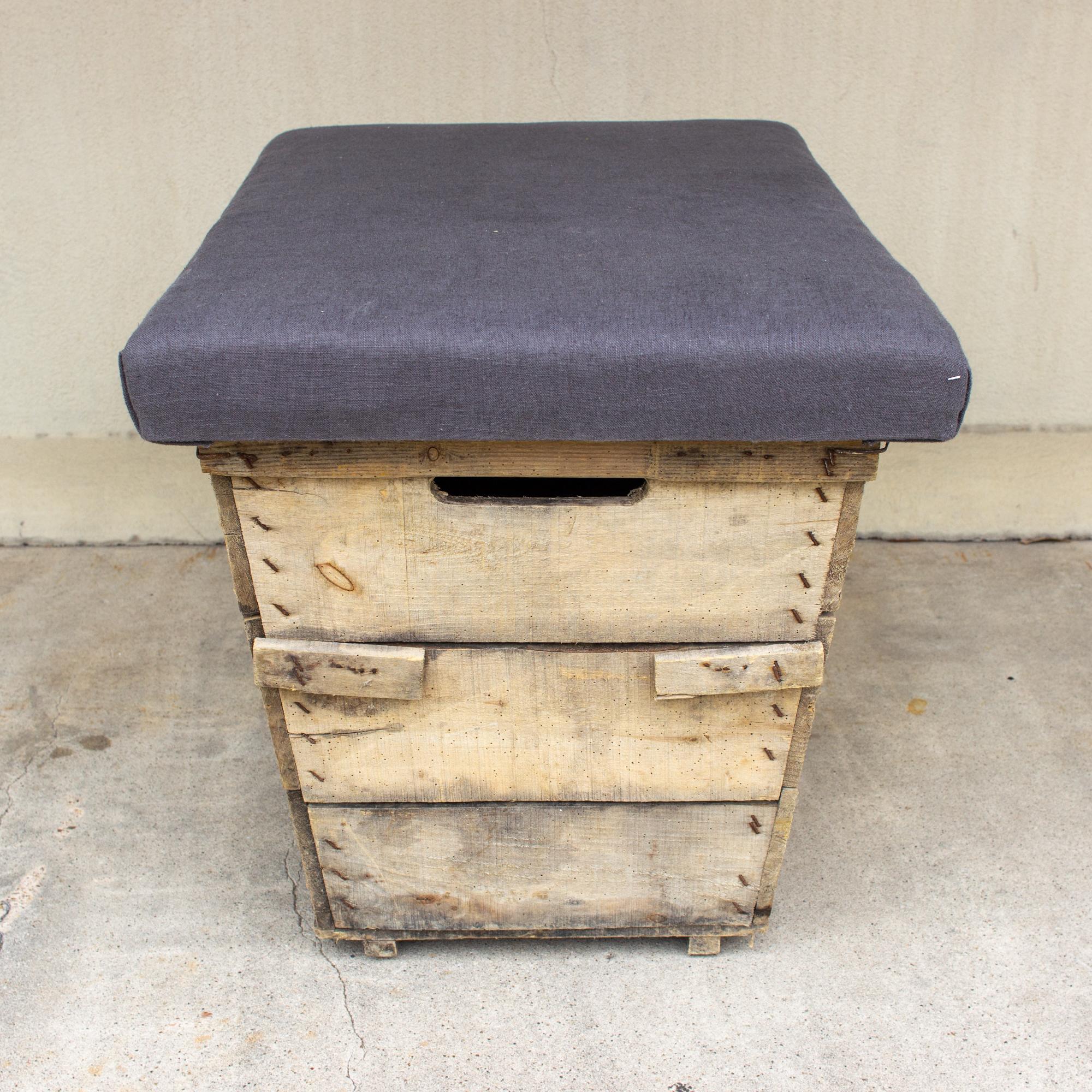 20th Century Antique French Champagne Harvest Ottoman with Upholstered Linen Top in Charcoal