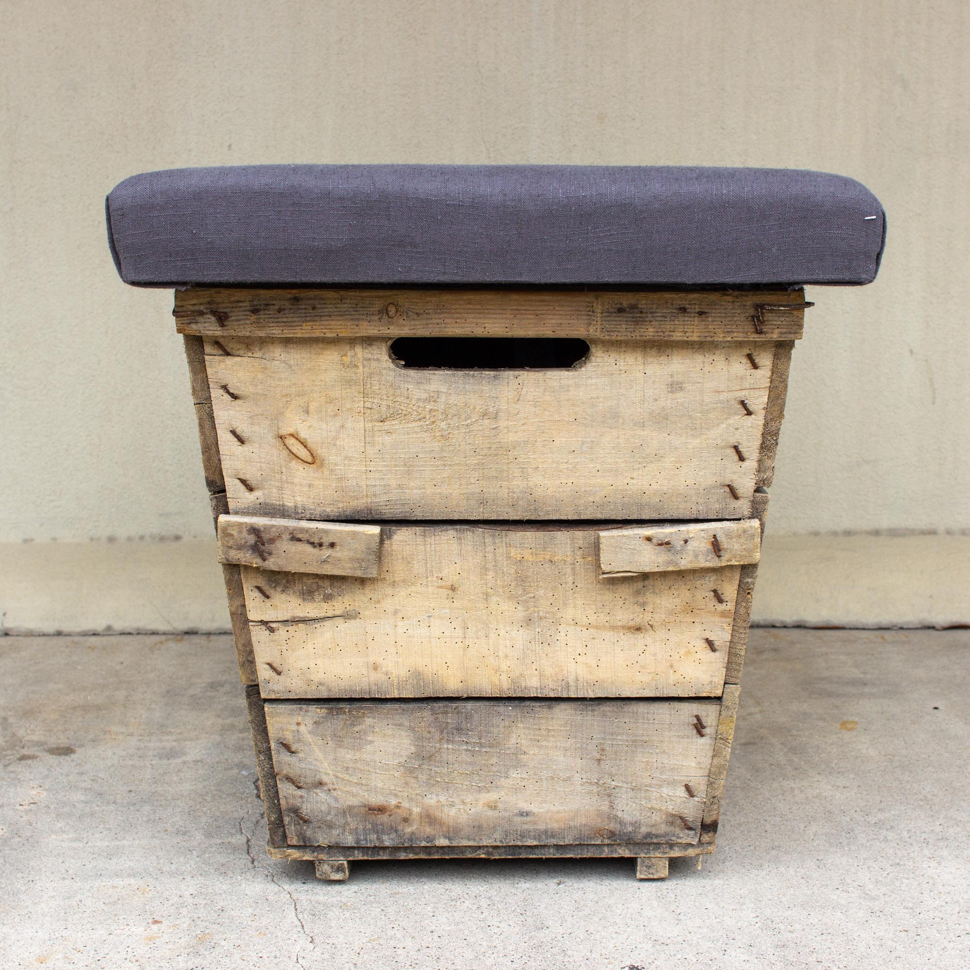 Oak Antique French Champagne Harvest Ottoman with Upholstered Linen Top in Charcoal