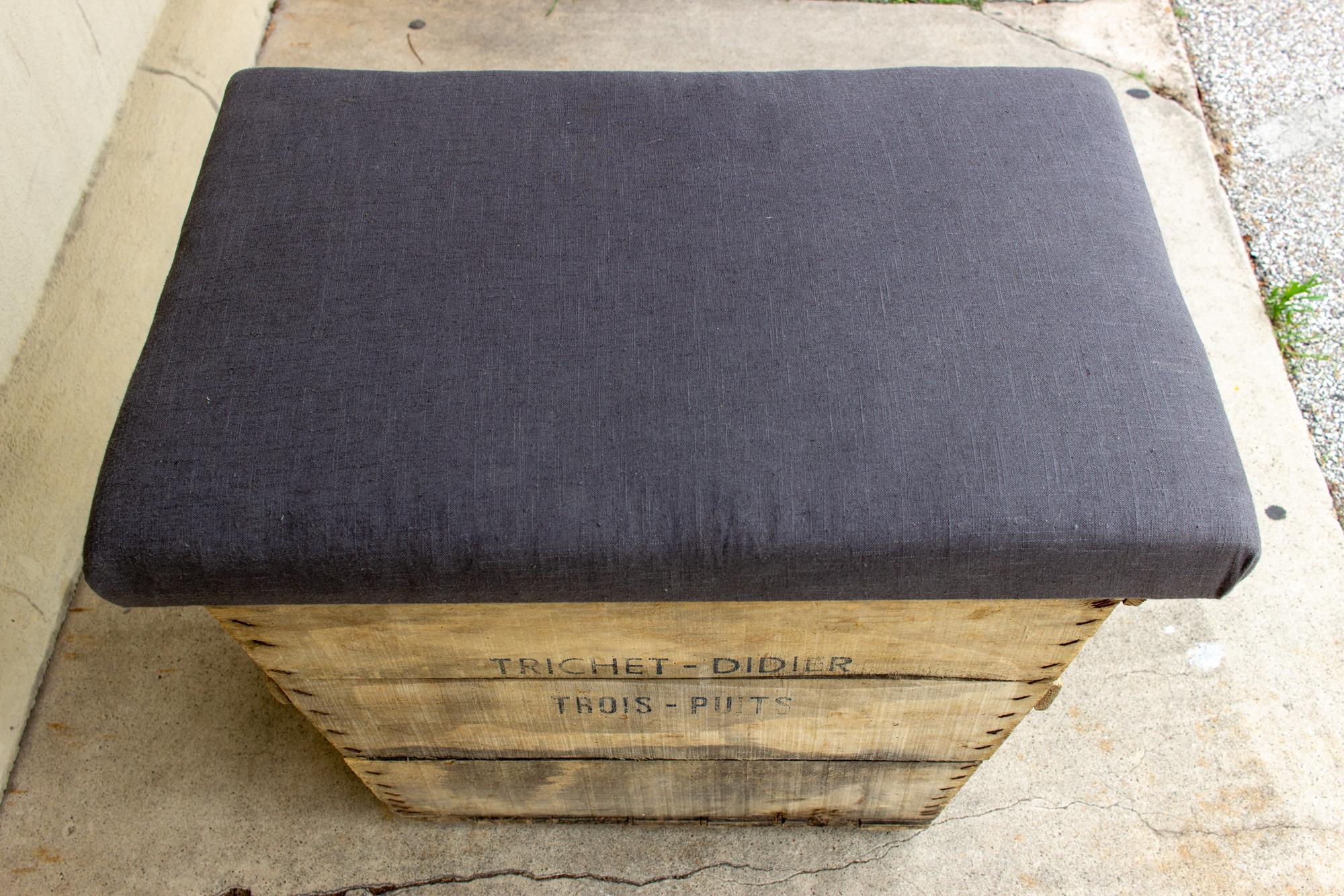 Antique French Champagne Harvest Ottoman with Upholstered Linen Top in Charcoal 1