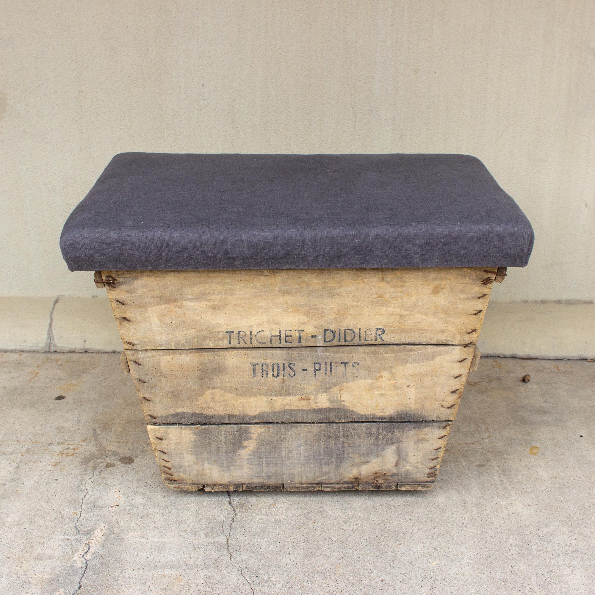 Antique French Champagne Harvest Ottoman with Upholstered Linen Top in Charcoal 2