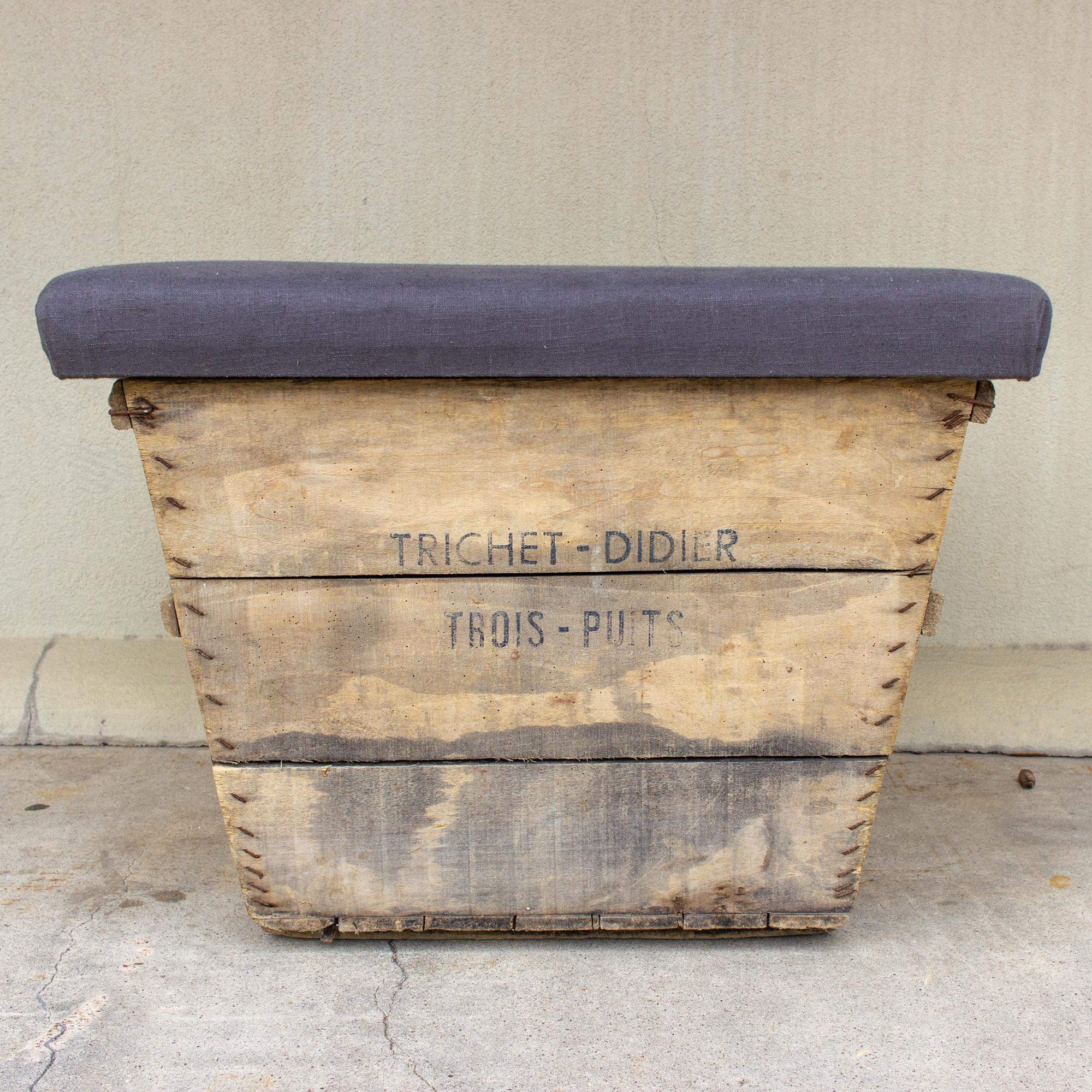 Antique French Champagne Harvest Ottoman with Upholstered Linen Top in Charcoal 3