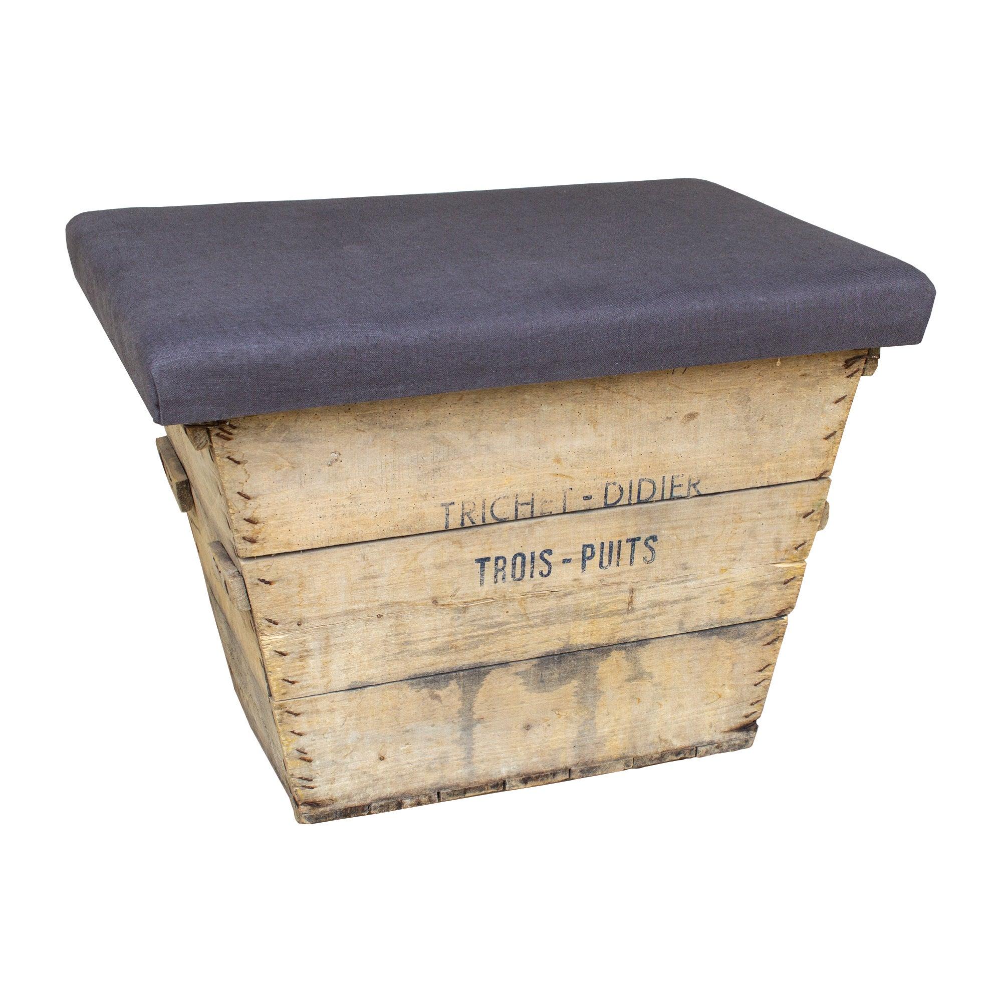 Antique French Champagne Harvest Ottoman with Upholstered Linen Top in Charcoal