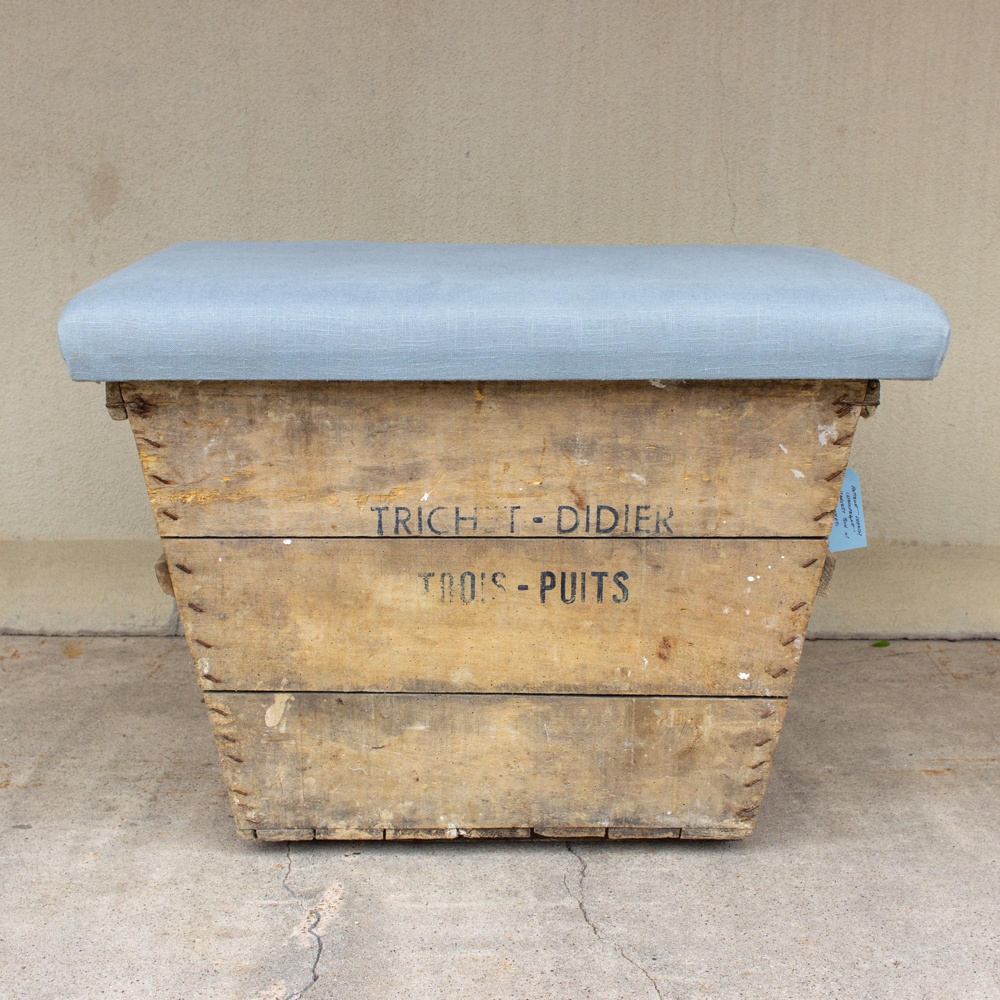 Country Antique French Champagne Harvest Ottoman with Upholstered Linen Top in Blue For Sale