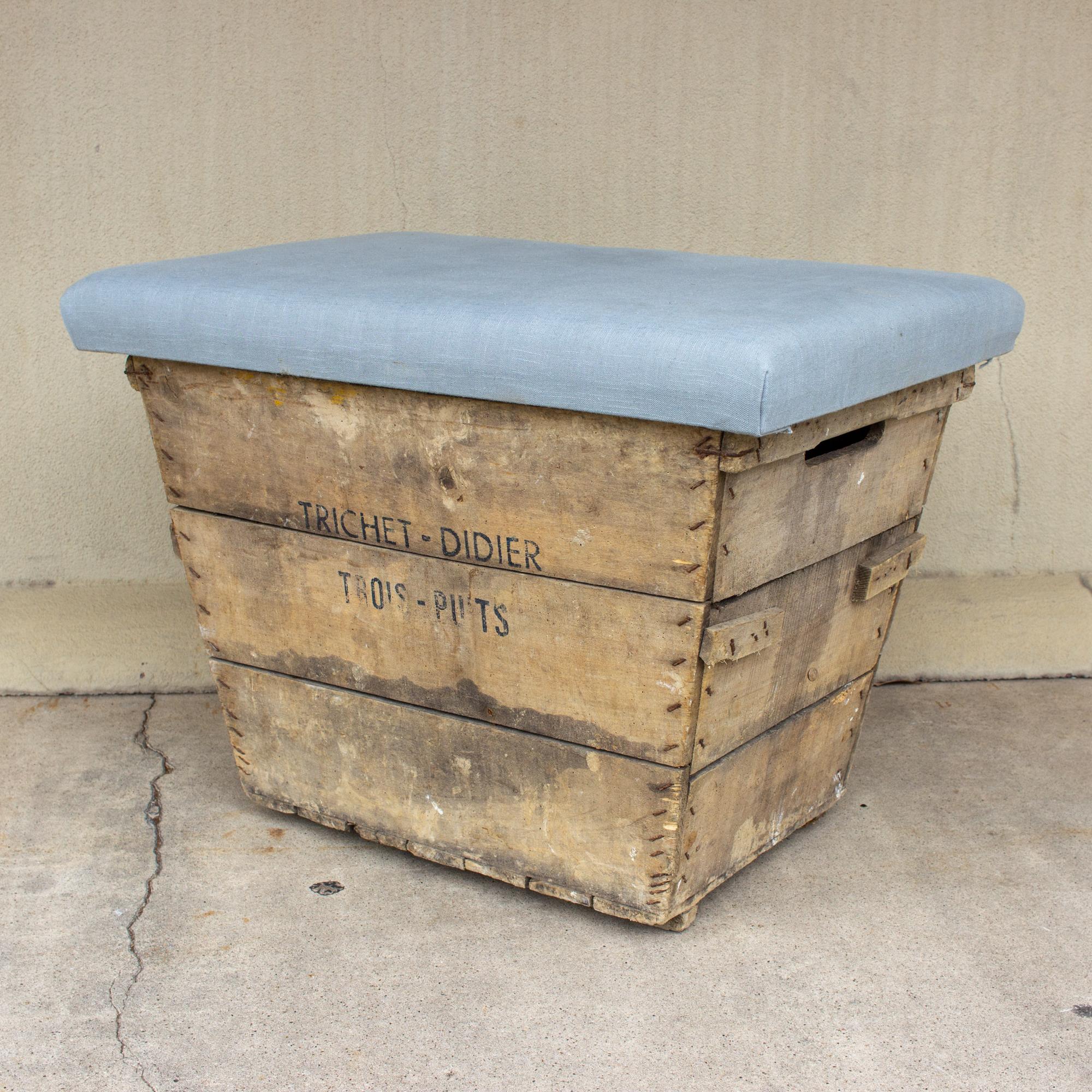 Antique French Champagne Harvest Ottoman with Upholstered Linen Top in Blue In Fair Condition For Sale In Houston, TX