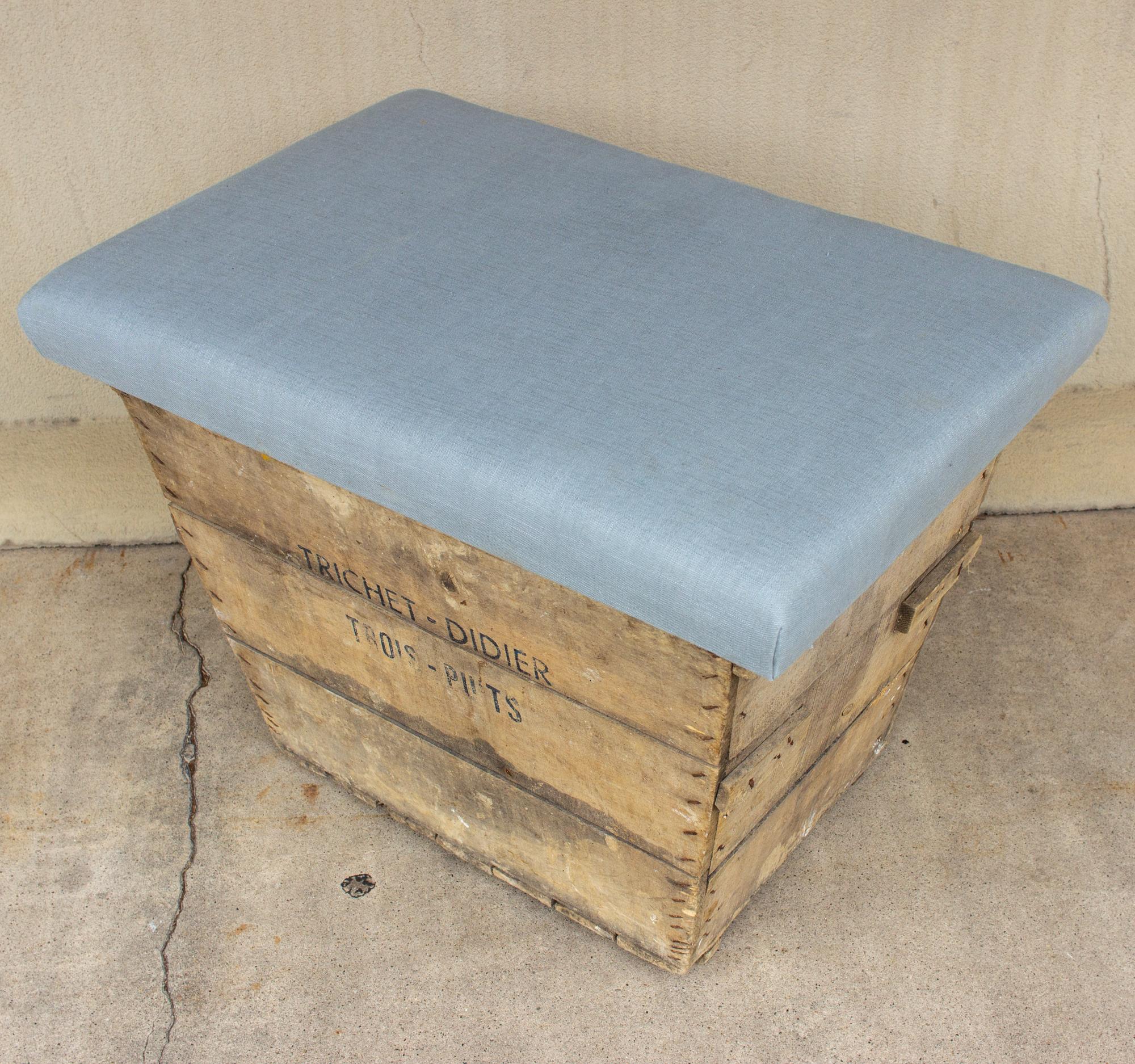 20th Century Antique French Champagne Harvest Ottoman with Upholstered Linen Top in Blue For Sale