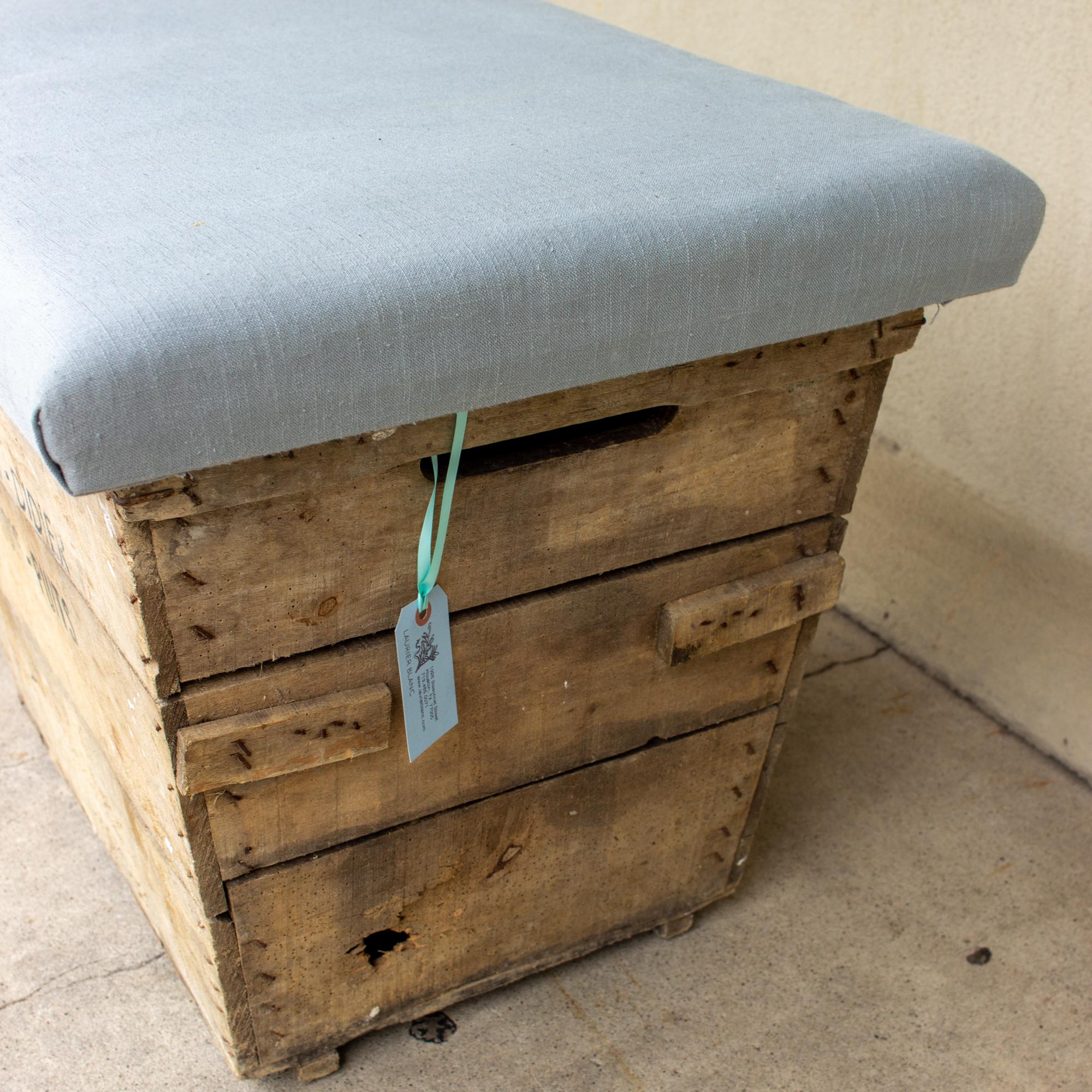Antique French Champagne Harvest Ottoman with Upholstered Linen Top in Blue For Sale 2
