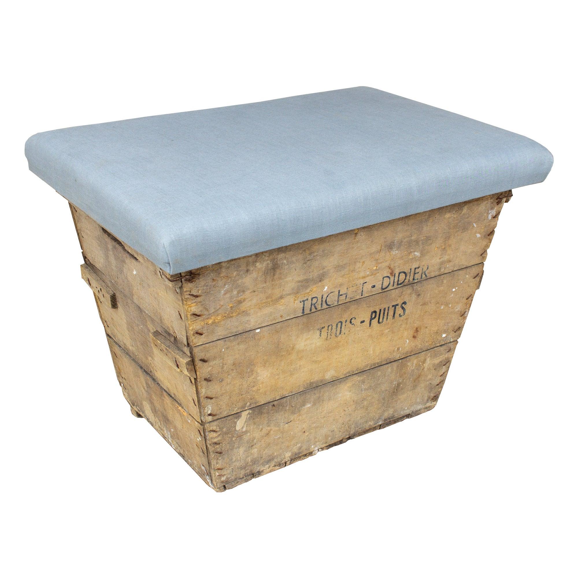Antique French Champagne Harvest Ottoman with Upholstered Linen Top in Blue For Sale