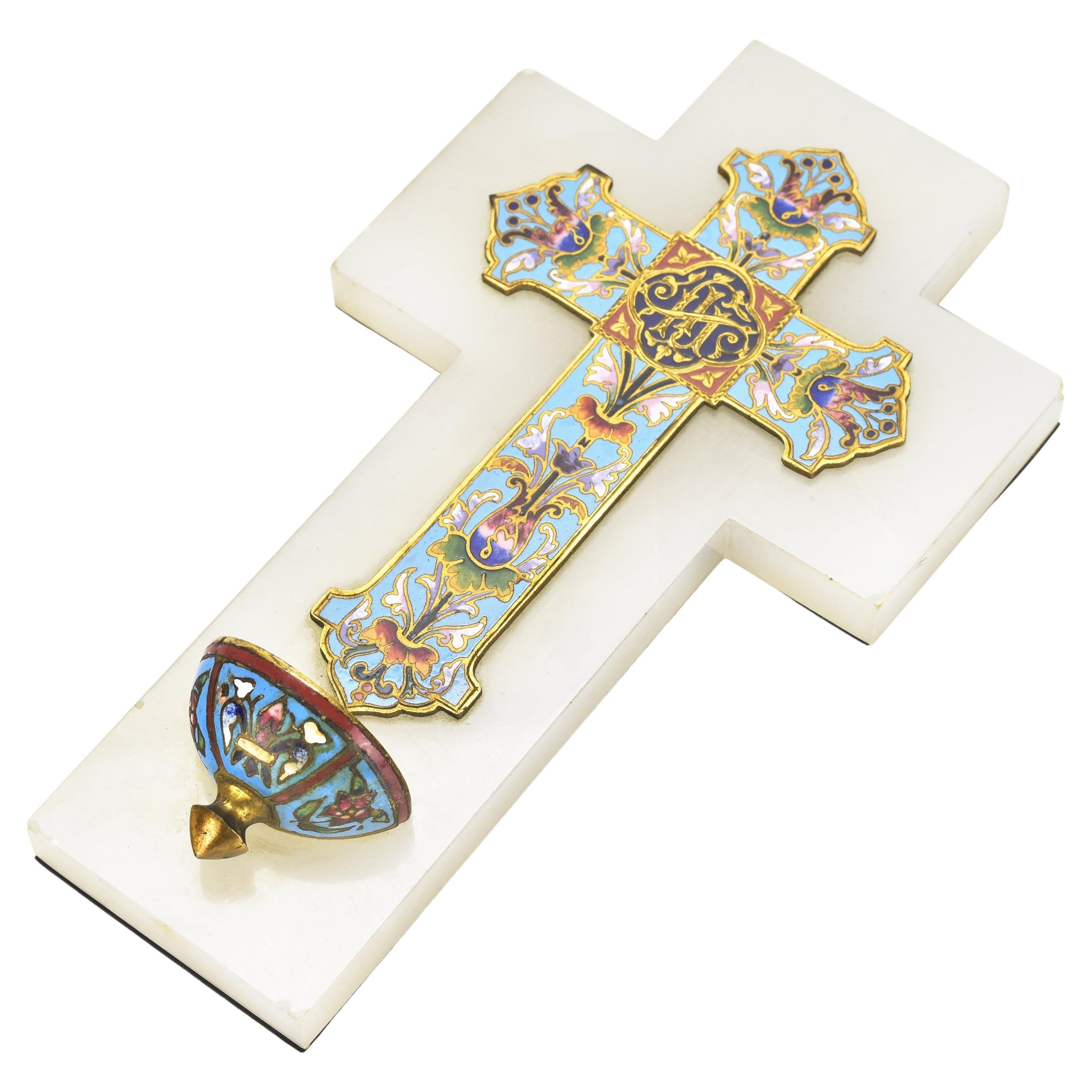 Antique French Champleve Cloisonne Crucifix on Onyx Victorian Dated 1883 For Sale