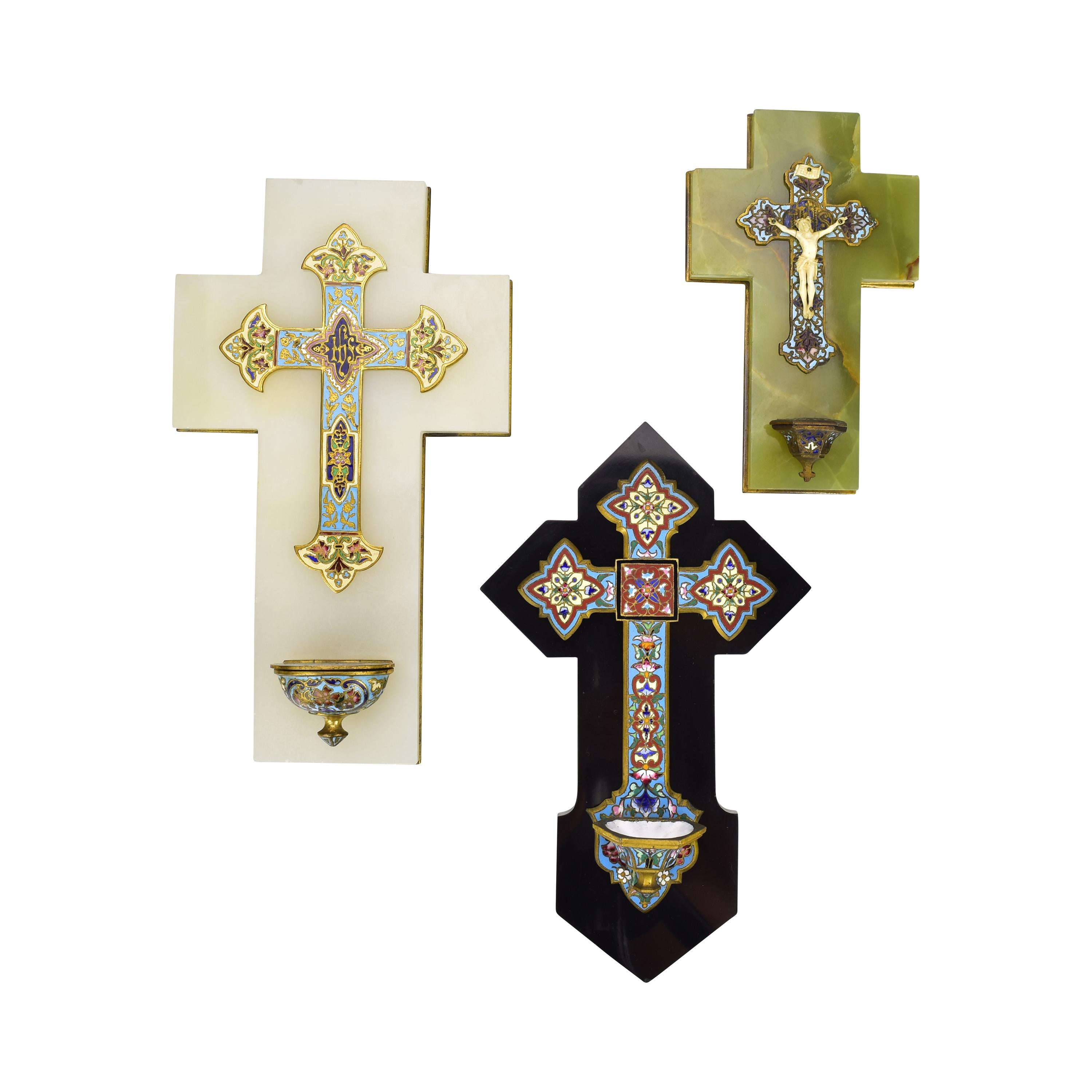 Antique French Champleve Cloisonne Crucifix on Onyx Victorian 2