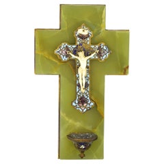 Antique French Champleve Crucifijo de Cloisonné sobre Ónice Victoriano