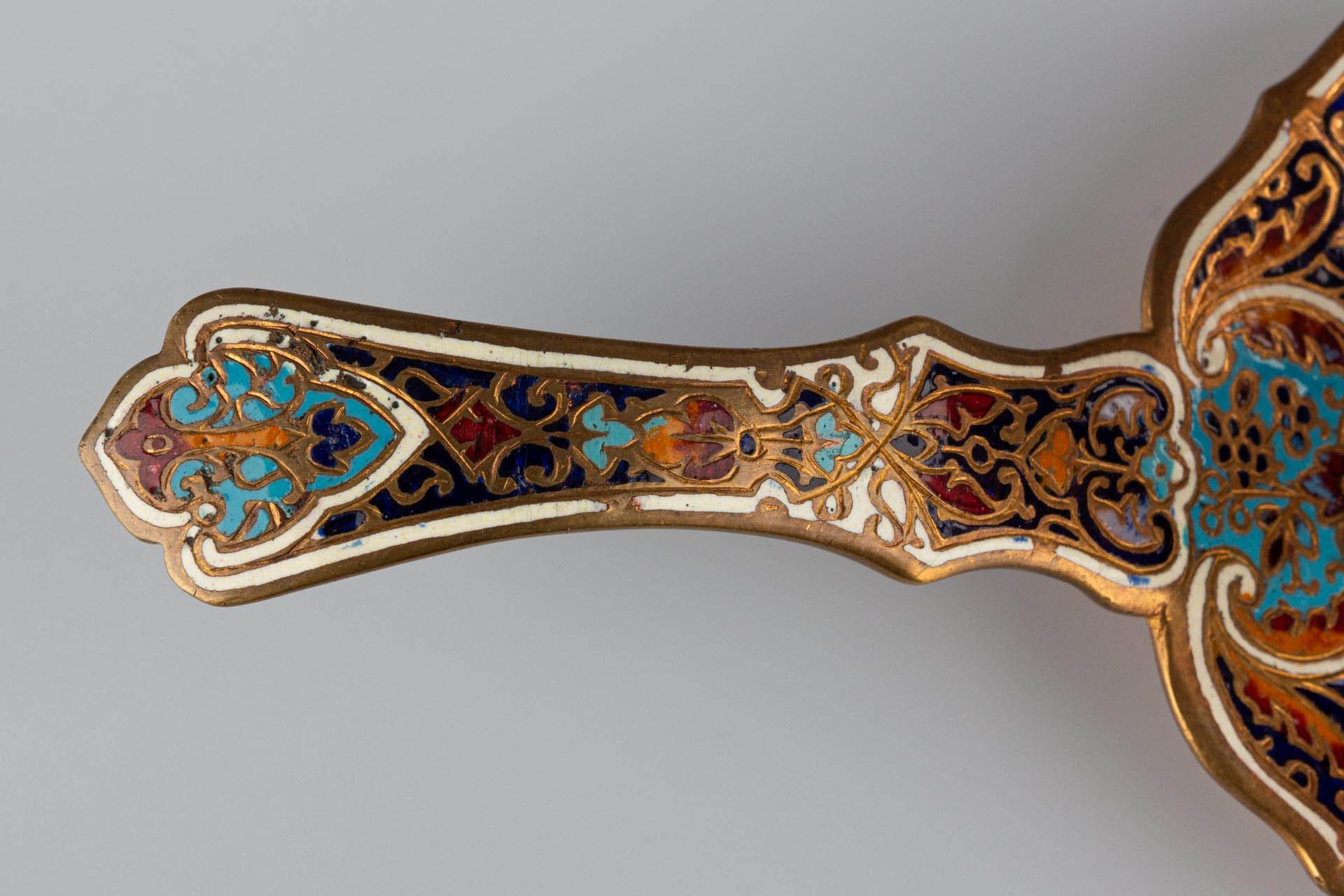 Antique French Champlevé Emaille Messing Gold Blau Kammer Kerzenleuchter im Angebot 6