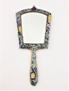Antique French Champleve  Enameled Hand-Held Dresser Mirror with Floral Motif