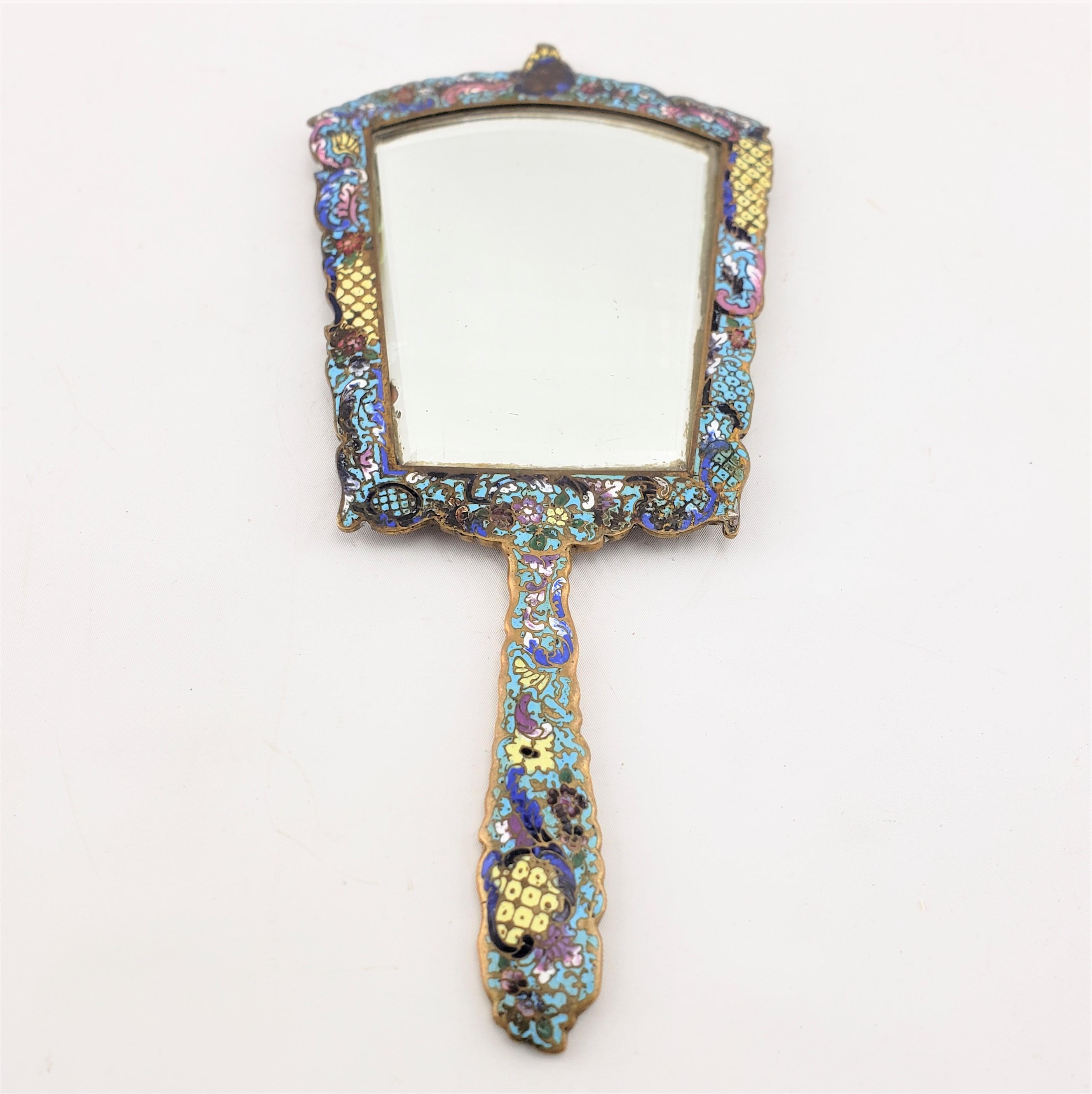 Art Nouveau Antique French Champleve  Enameled Hand-Held Dresser Mirror with Floral Motif For Sale