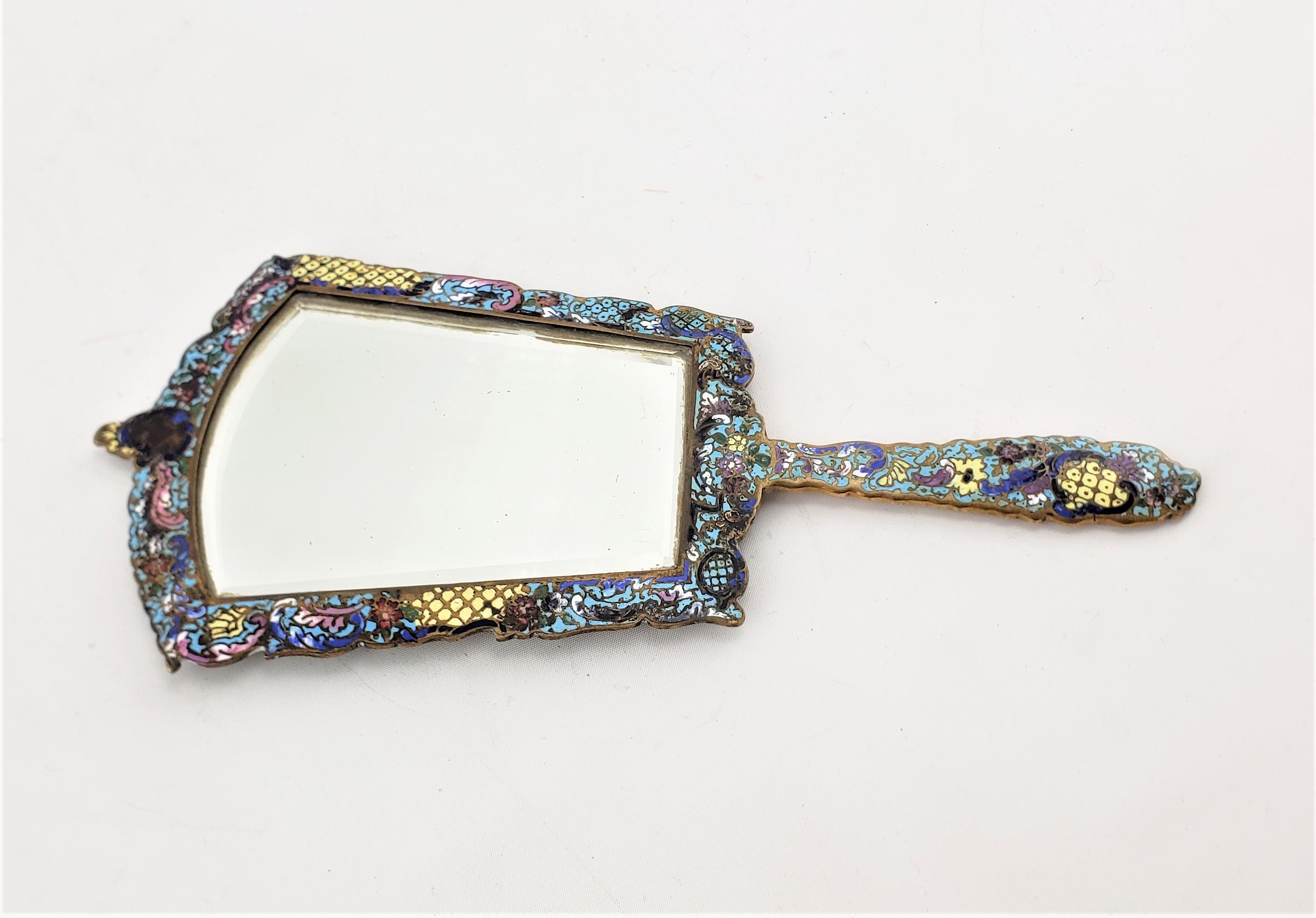 Antique French Champleve  Enameled Hand-Held Dresser Mirror with Floral Motif In Good Condition For Sale In Hamilton, Ontario