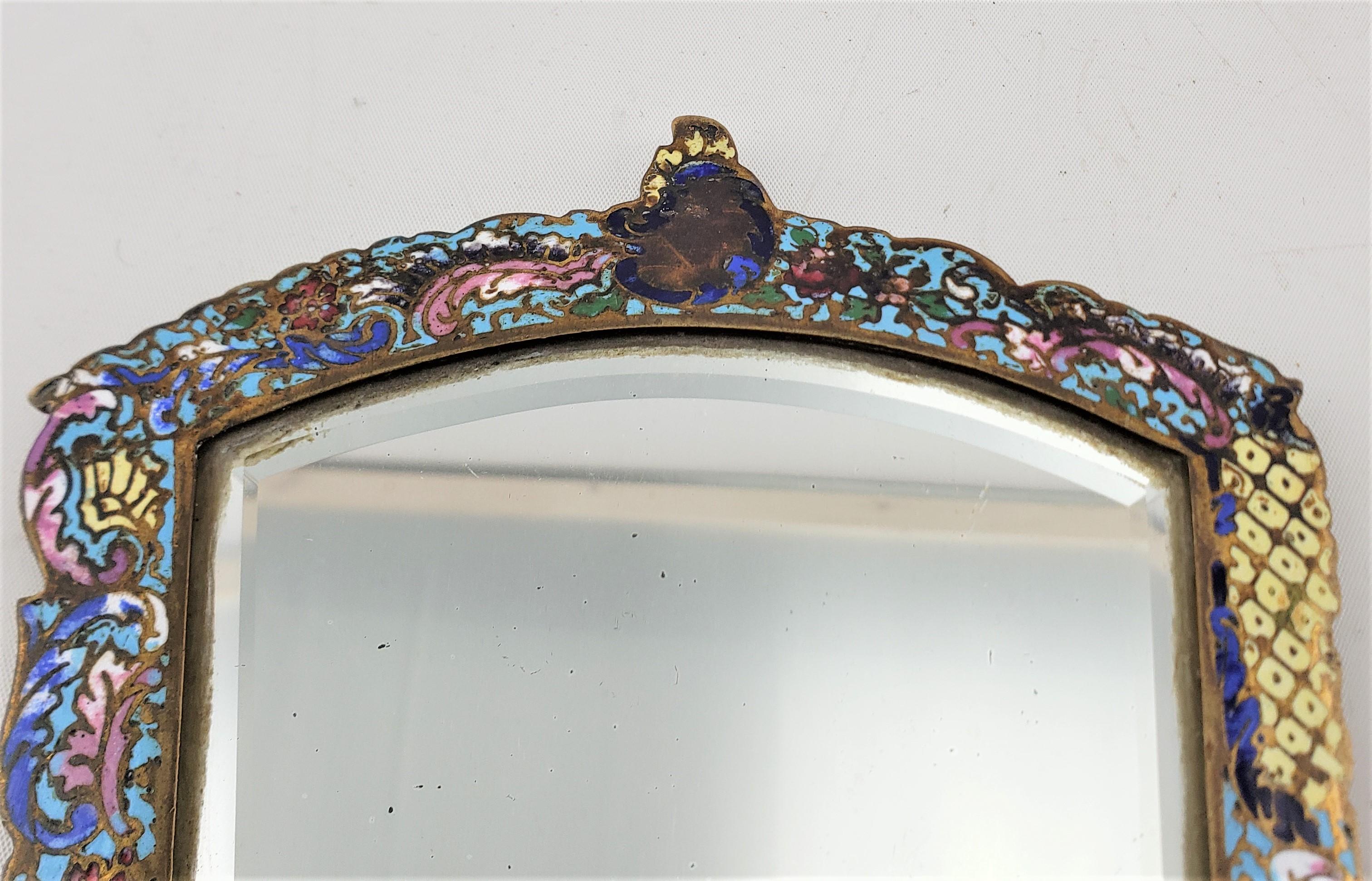 Brass Antique French Champleve  Enameled Hand-Held Dresser Mirror with Floral Motif For Sale
