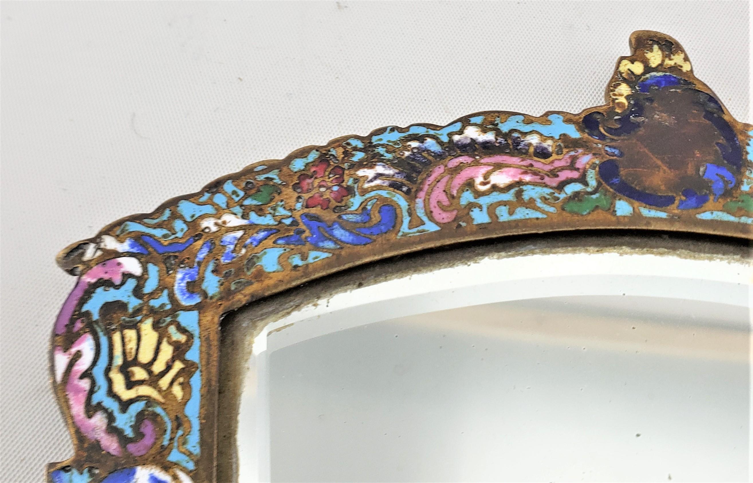 Antique French Champleve  Enameled Hand-Held Dresser Mirror with Floral Motif For Sale 1