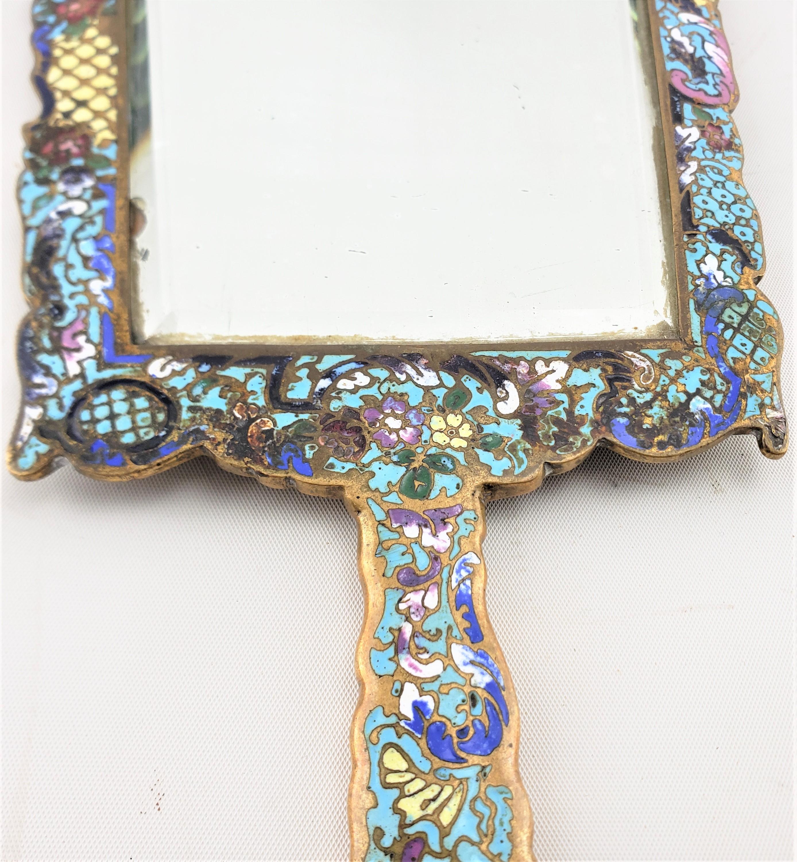 Antique French Champleve  Enameled Hand-Held Dresser Mirror with Floral Motif For Sale 3