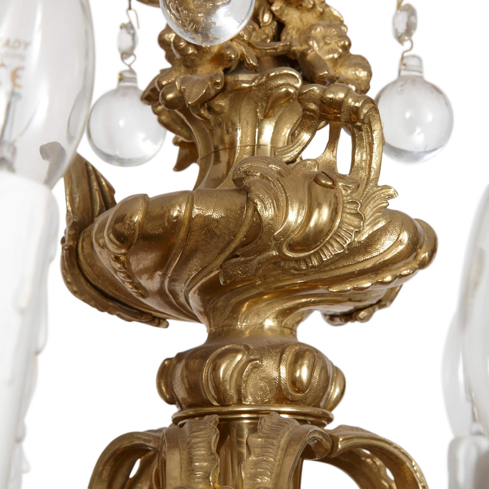 Gilt Antique Ormolu and Cut-Glass Rococo-Style Chandelier  For Sale