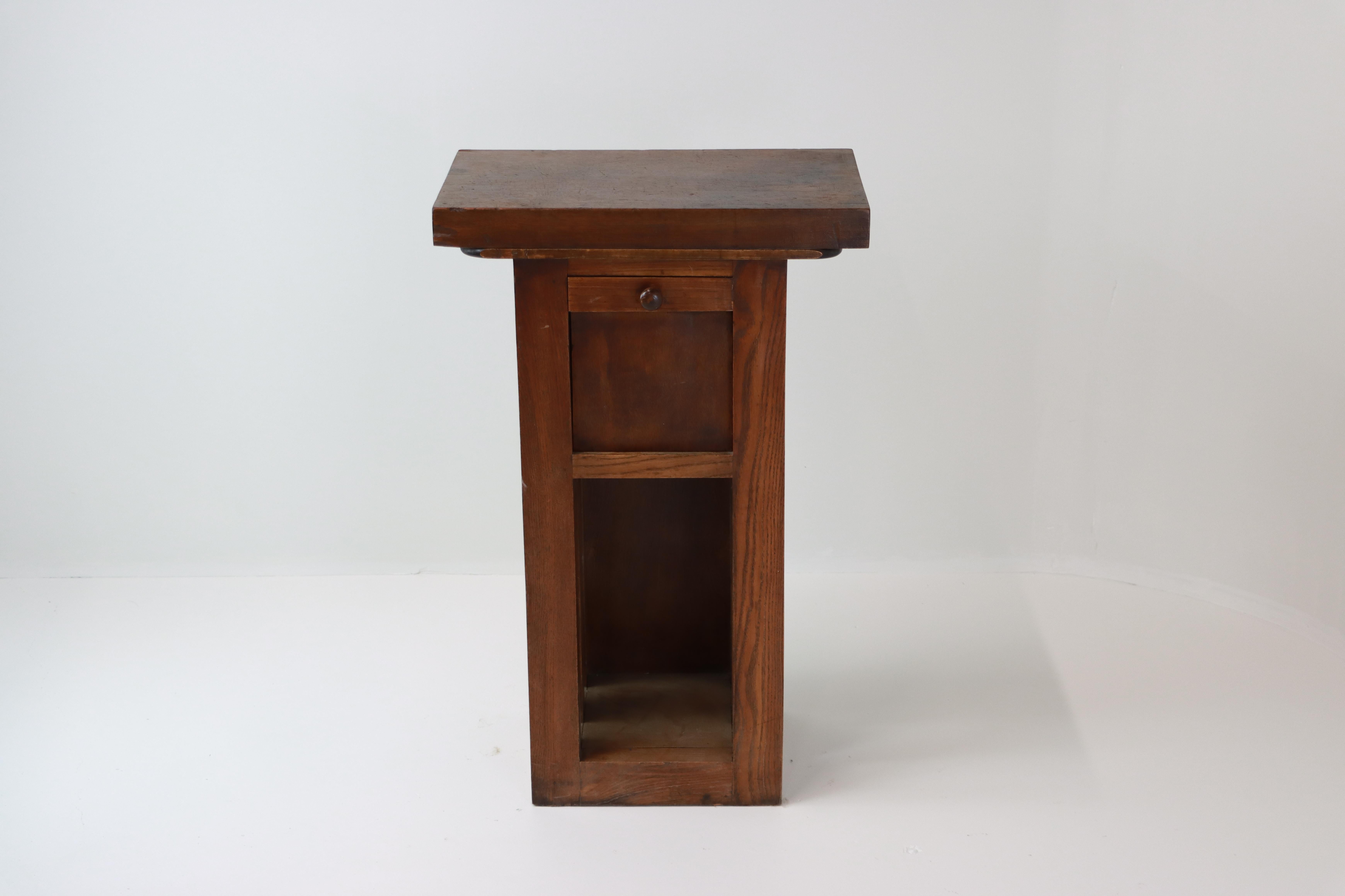 This beautiful rustic warm and rich patina’d charcuterie stand was popular in the South of France and was traditionally used for curing and storing meats or cheeses. The slatted sides provided ventilation while the small drop-front compartment kept