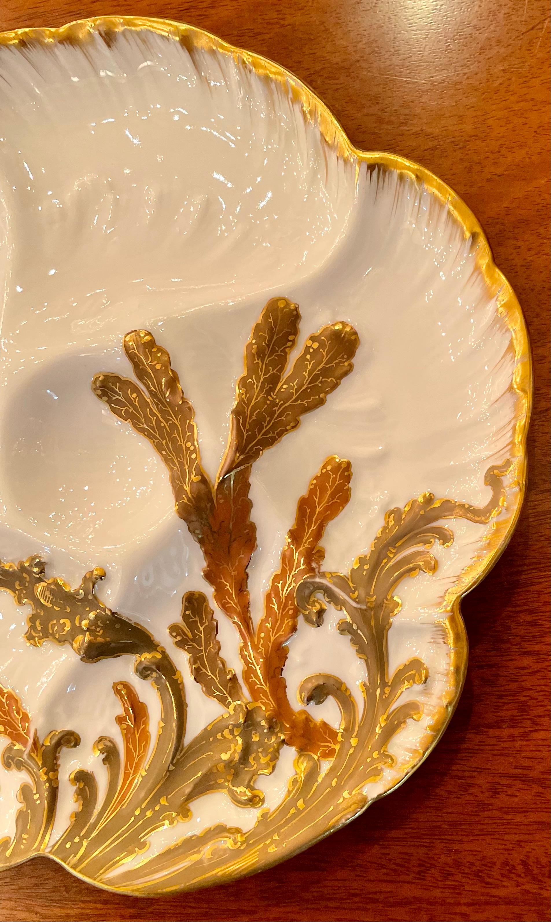 Antique French Limoges porcelain oyster plate, signed 