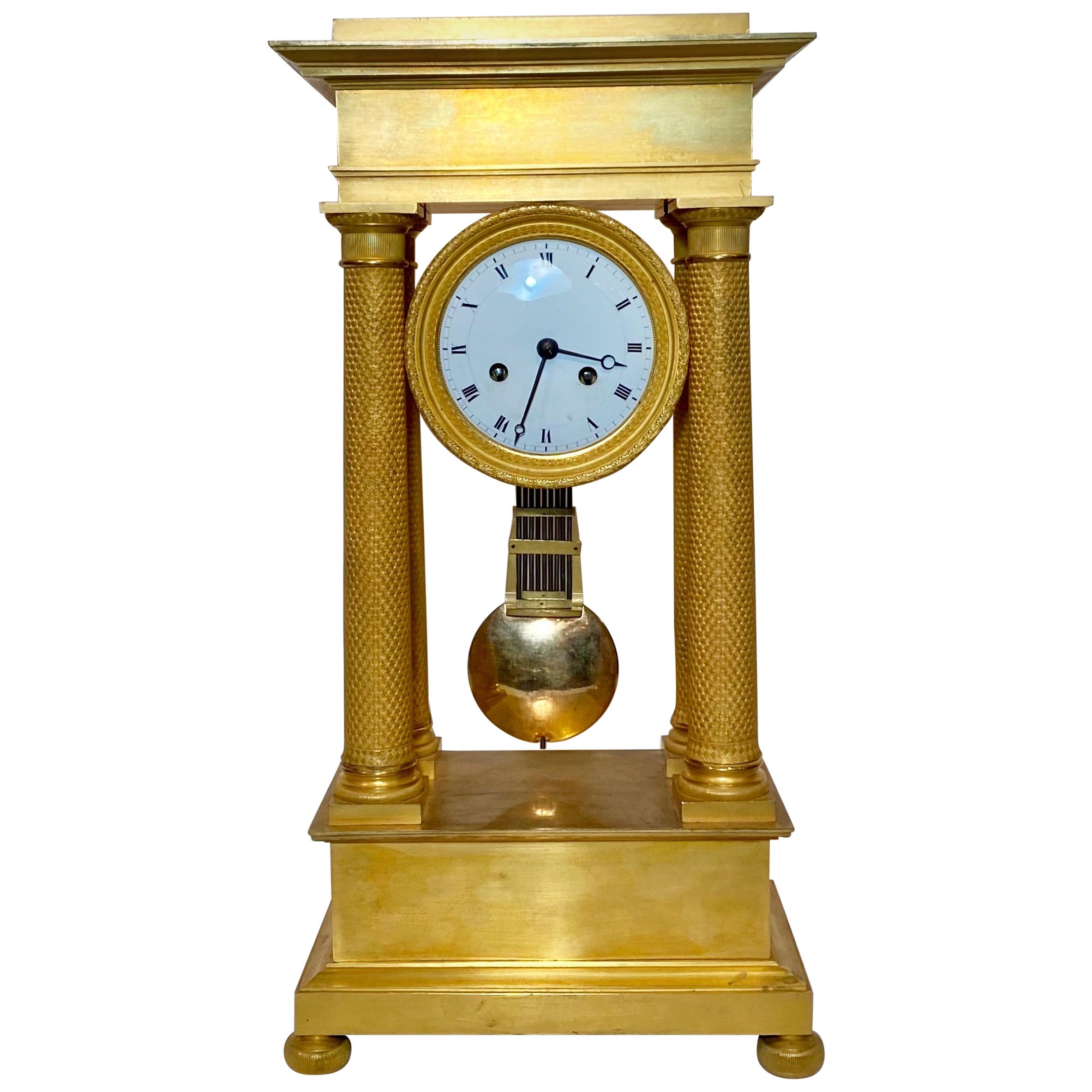 Antique French Charles X Bronze D'ore Portico Clock
