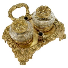 Antique French Charles X Gilt Bronze Inkstand / Standish with Cut Glass Inkwells