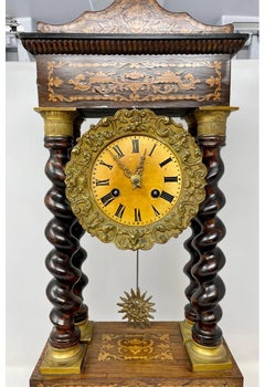 Antique French Charles X Gold Bronze & Satinwood Inlaid Portico Clock Circa 1880