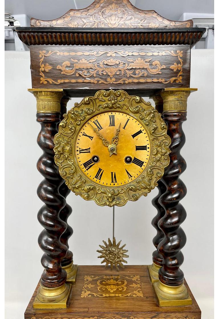 French Inlay Clock Antique French Charles X Gold Bronze and Satinwood Inlaid Portico Clock ...