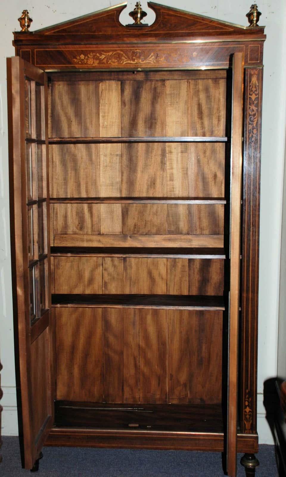 Antique French Charles X style rosewood and satinwood vitrine bookcase, circa 1860s.