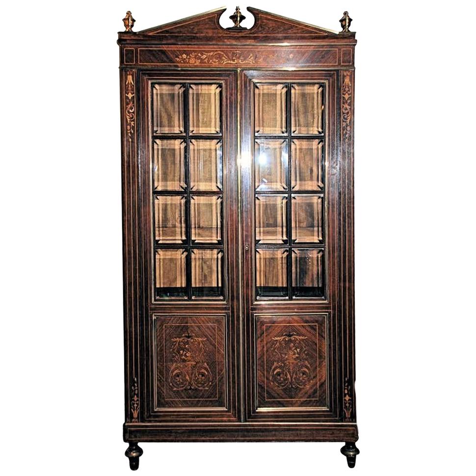 Antique French Charles X Rosewood and Satinwood Vitrine Bookcase, circa 1860s