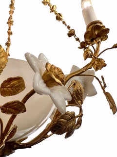 Antique French Charming Milk Glass Fixture with Gold Bronze Flowers, Circa 1900s