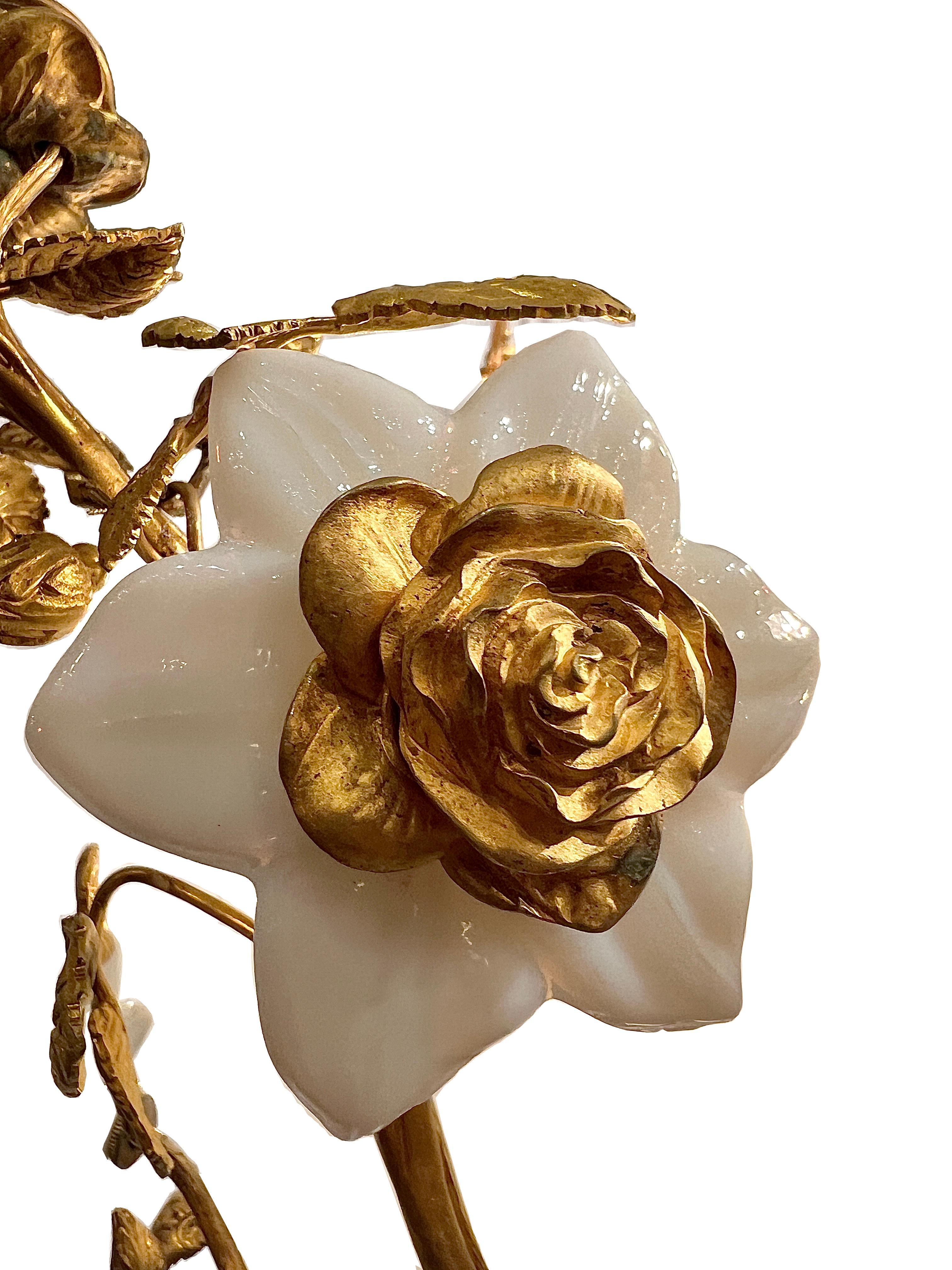 Antique French Charming Milk Glass Fixture with Gold Bronze Flowers, Circa 1900s In Good Condition For Sale In New Orleans, LA