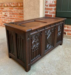 Antique French Chest Blanket Box Trunk Gothic Carved Oak Coffee Table Storage