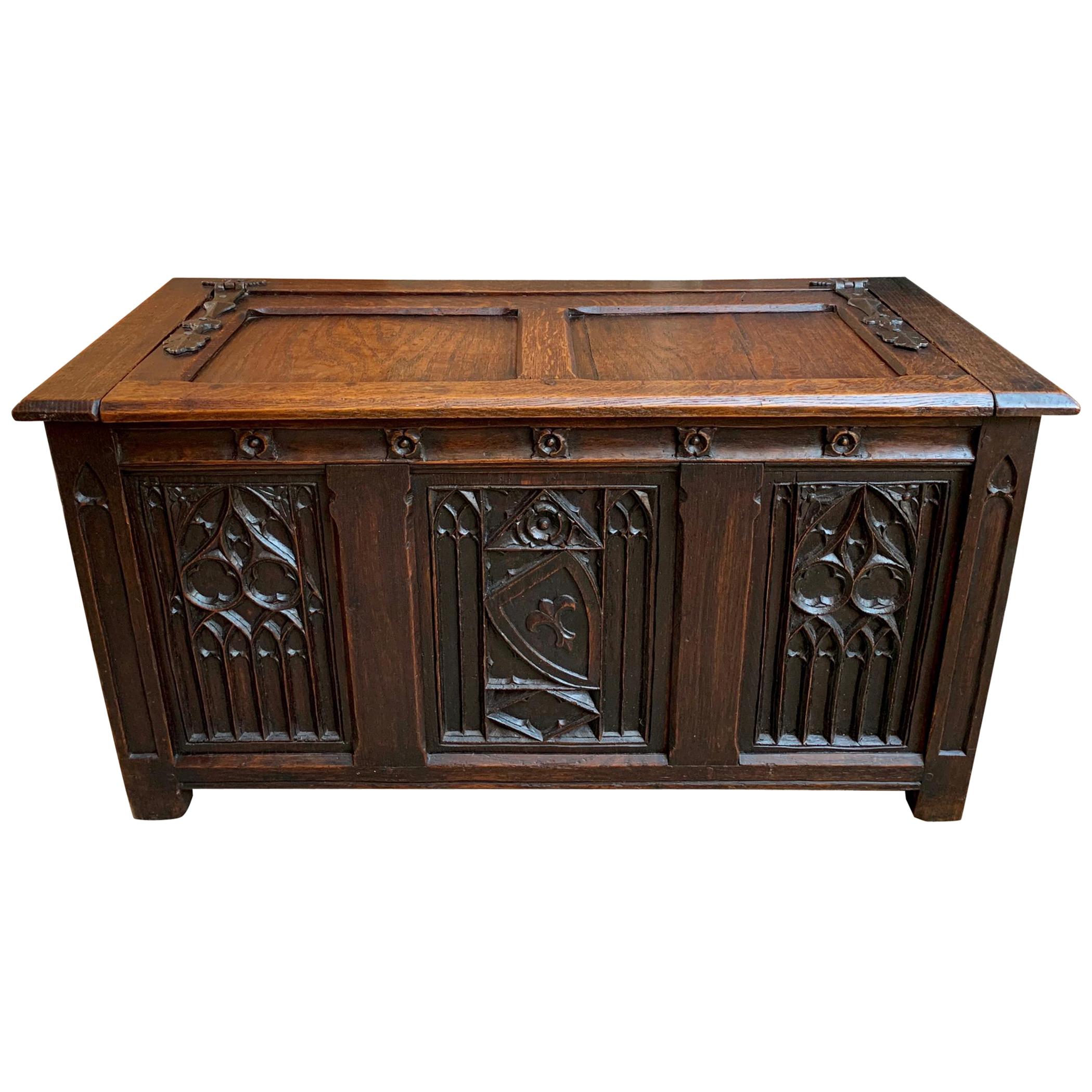 Antique French Chest Blanket Box Trunk Gothic Carved Oak Coffee Table Storage