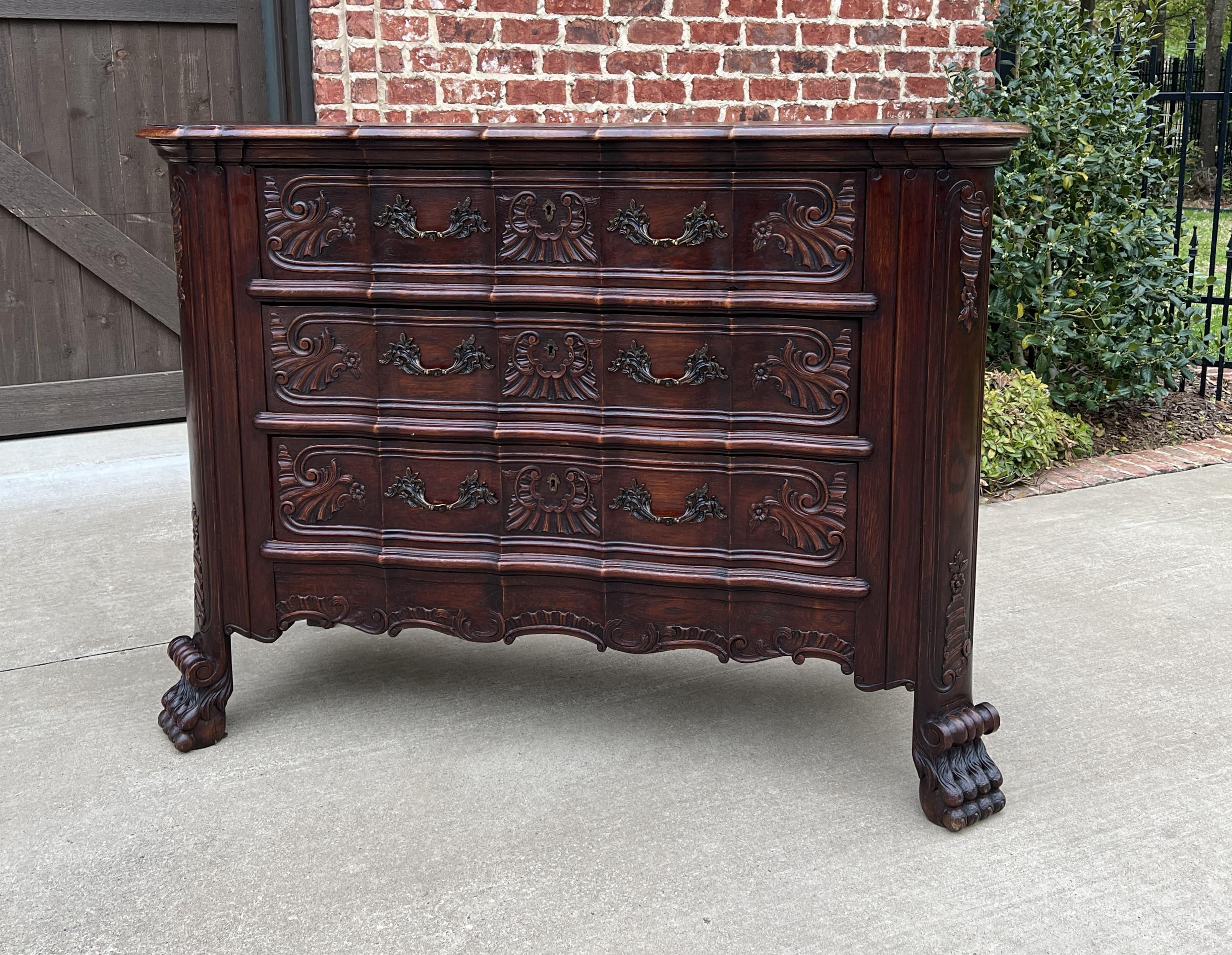 Renaissance Revival Antique French Chest of Drawers Cabinet 3-Drawer Serpentine Carved Oak w Key For Sale