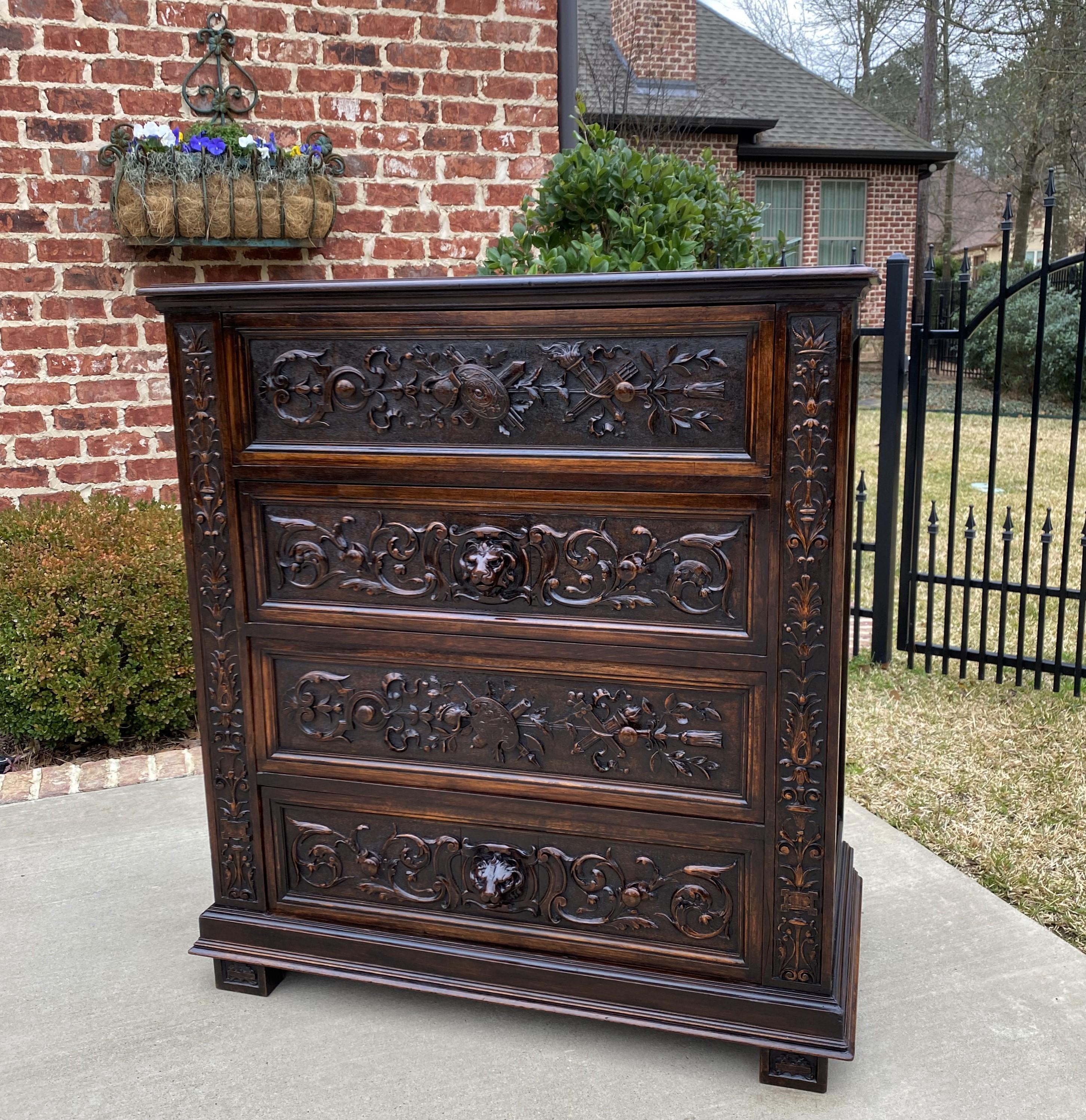 Antique French Chest of Drawers Renaissance Revival Oak Shields Knights Lions 7