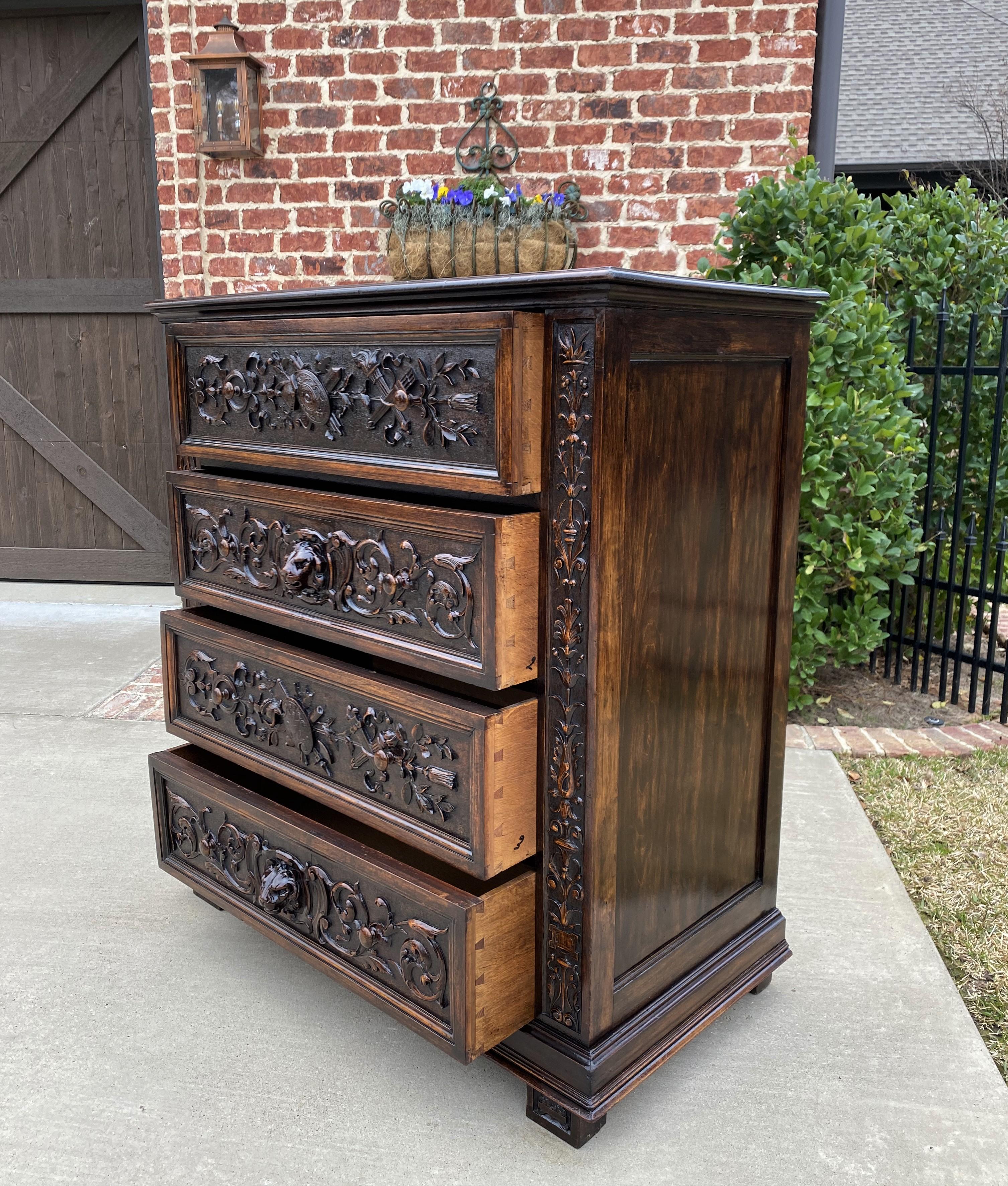 Carved Antique French Chest of Drawers Renaissance Revival Oak Shields Knights Lions