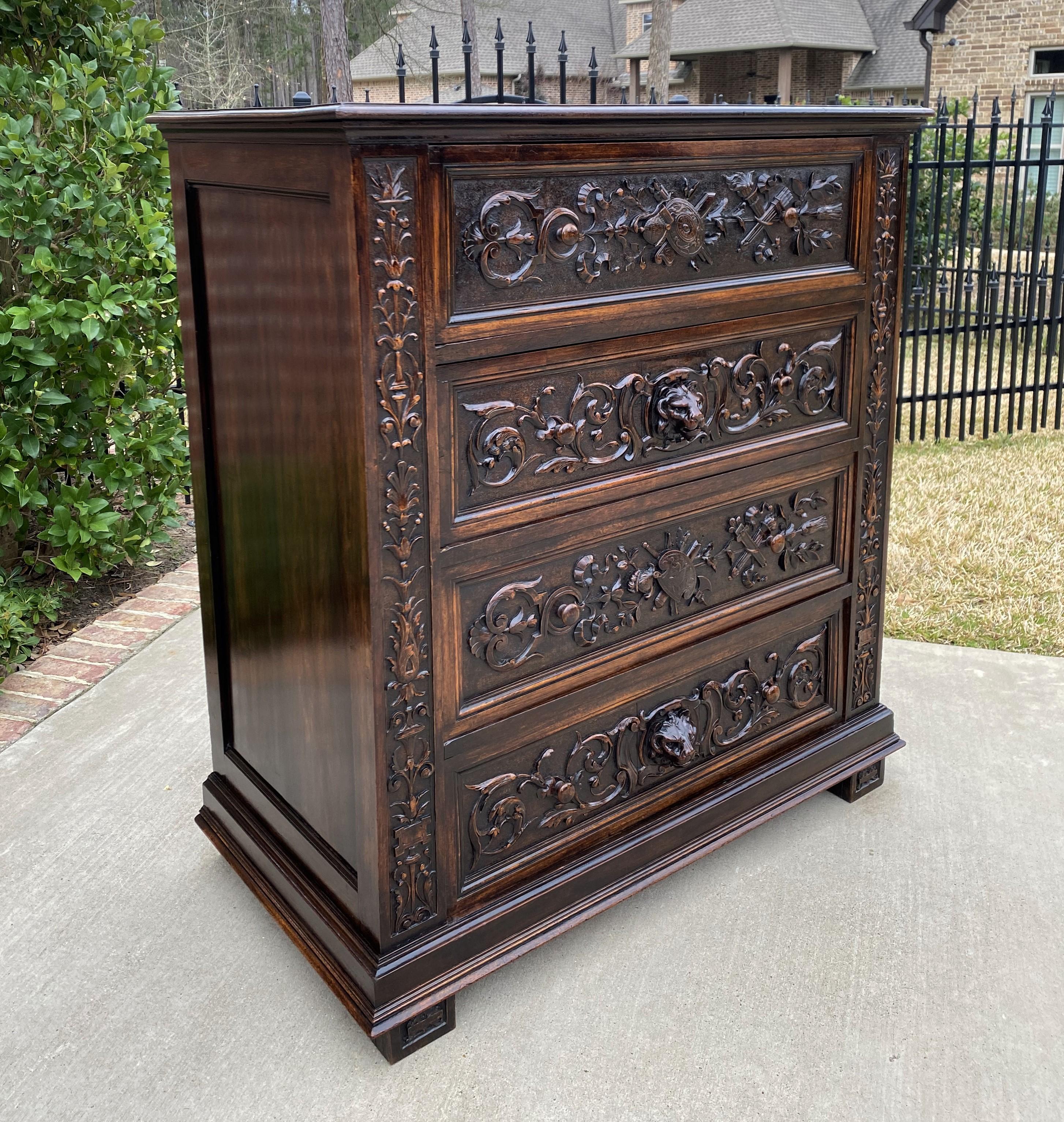 19th Century Antique French Chest of Drawers Renaissance Revival Oak Shields Knights Lions