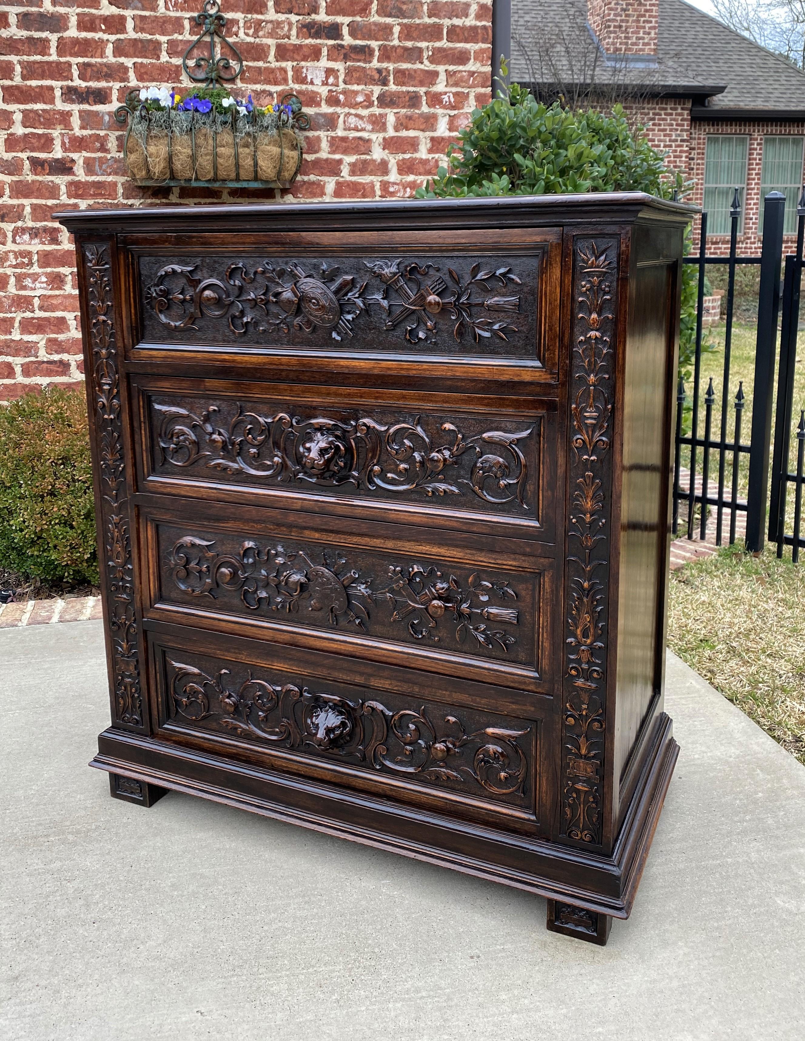 Antique French Chest of Drawers Renaissance Revival Oak Shields Knights Lions 1