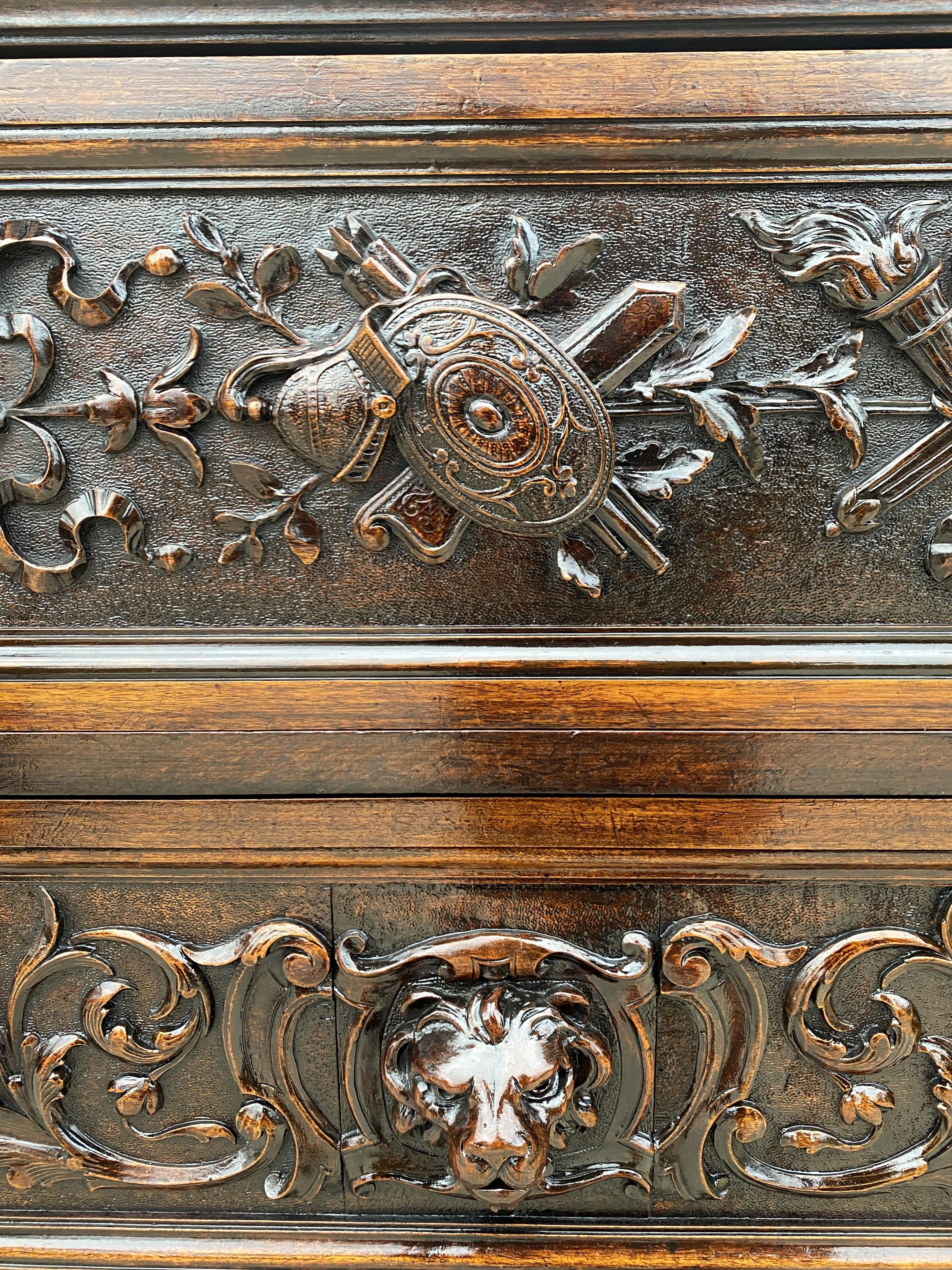 Antique French Chest of Drawers Renaissance Revival Oak Shields Knights Lions 2