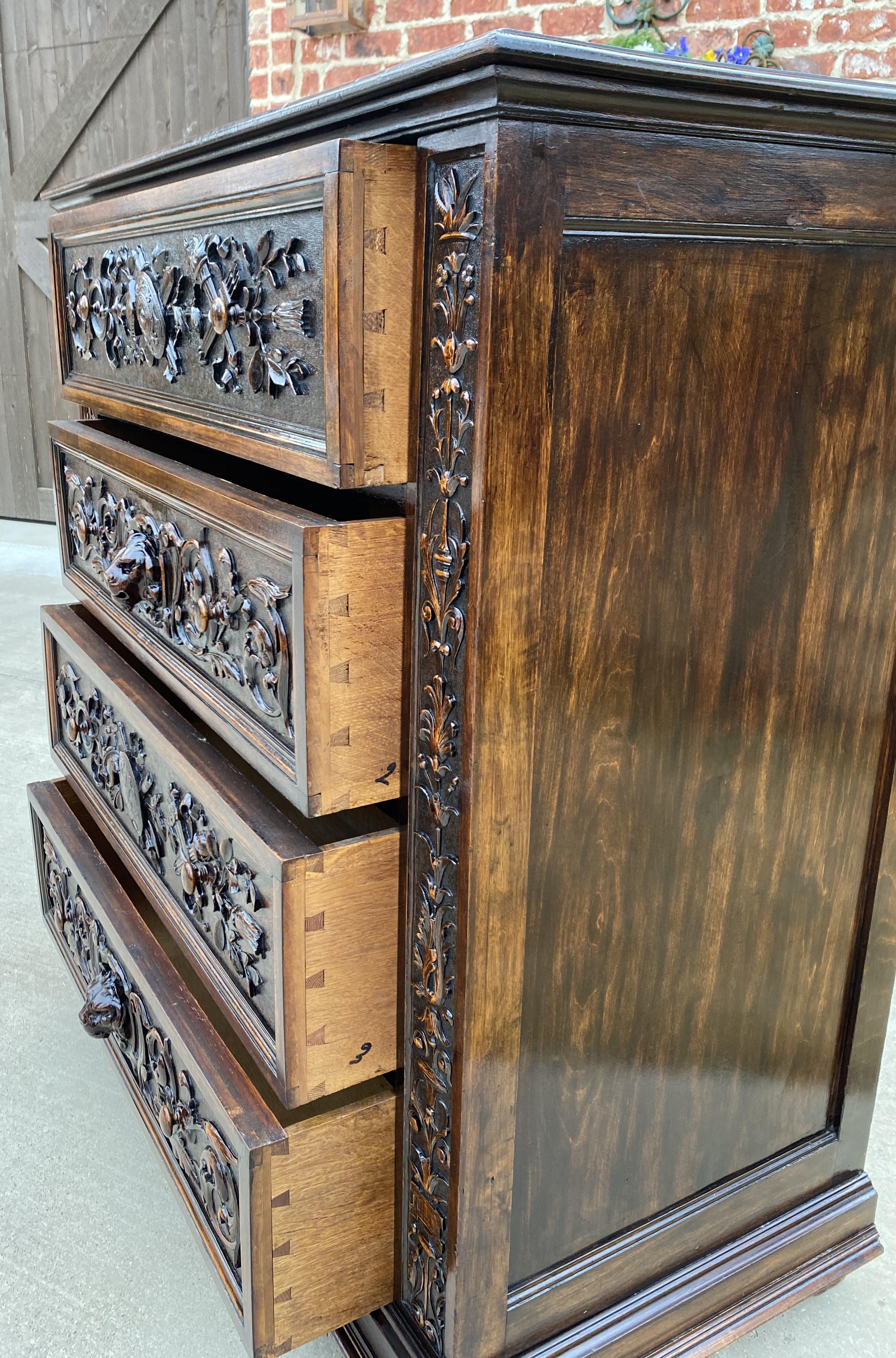 Antique French Chest of Drawers Renaissance Revival Oak Shields Knights Lions 3