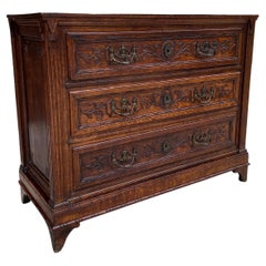 Antique French Chest of Drawers Storage Cabinet 3-Drawer Carved Oak w Key 18th C