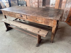 Antique French Chestnut Farmhouse Dordogne Refectory Dining Table and Benches