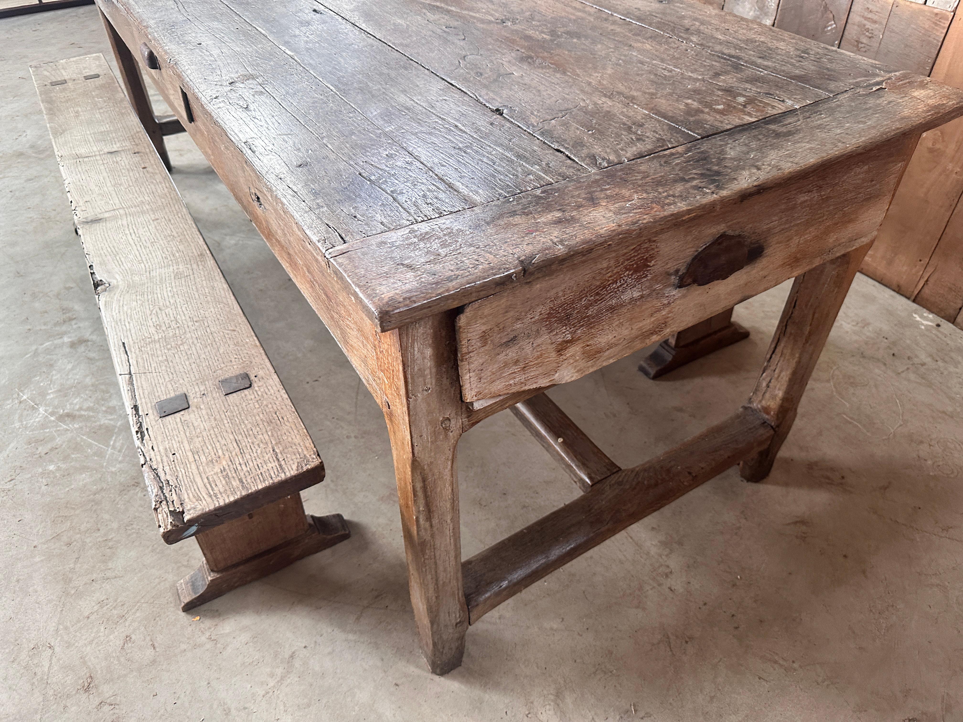 19th Century Antique French Chestnut Farmhouse Dordogne Refectory Dining Table and Benches For Sale