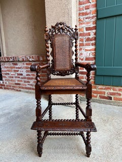 Antique French Child High Chair Renaissance Barley Twist Carved Oak Caned c1890