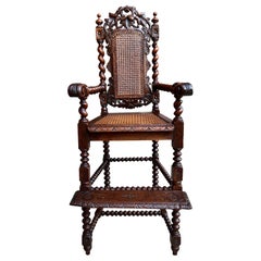 Antique French Child High Chair Renaissance Barley Twist Carved Oak Caned c1890