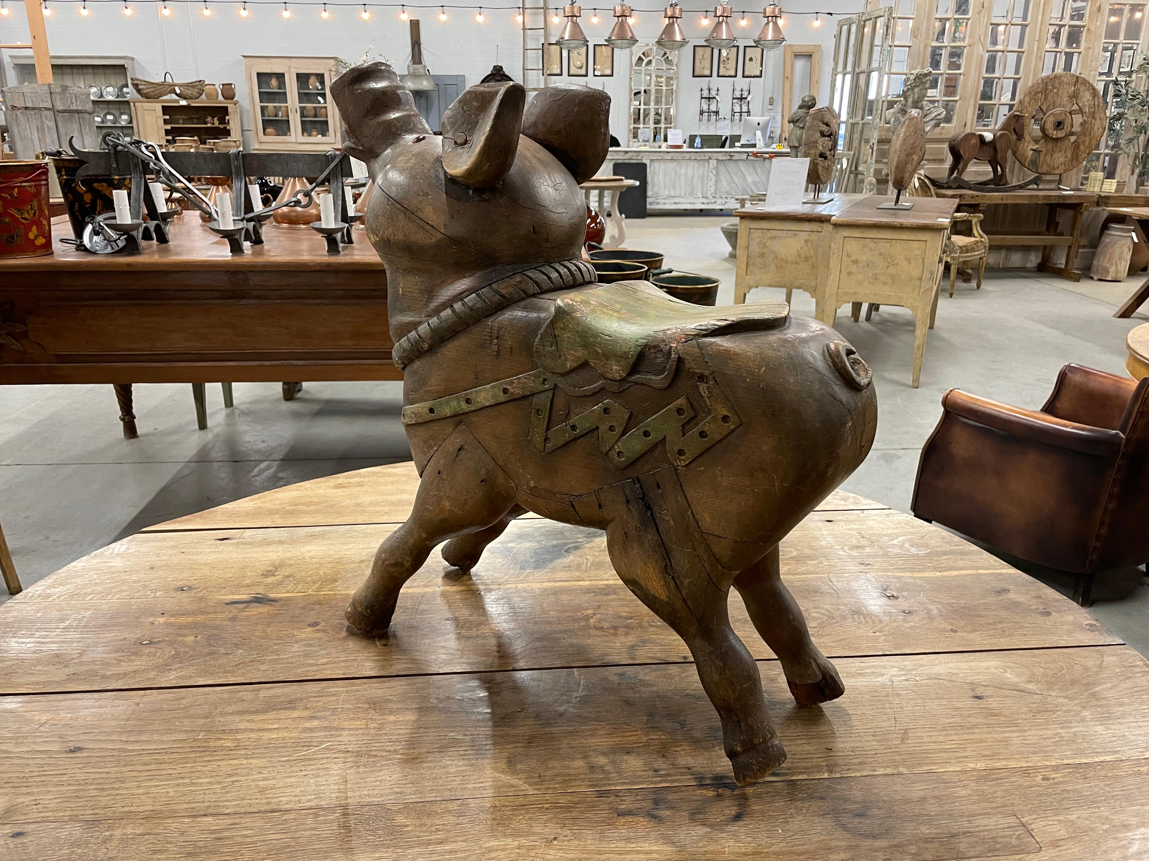 Primitive Antique French Children's Carousel Pig For Sale