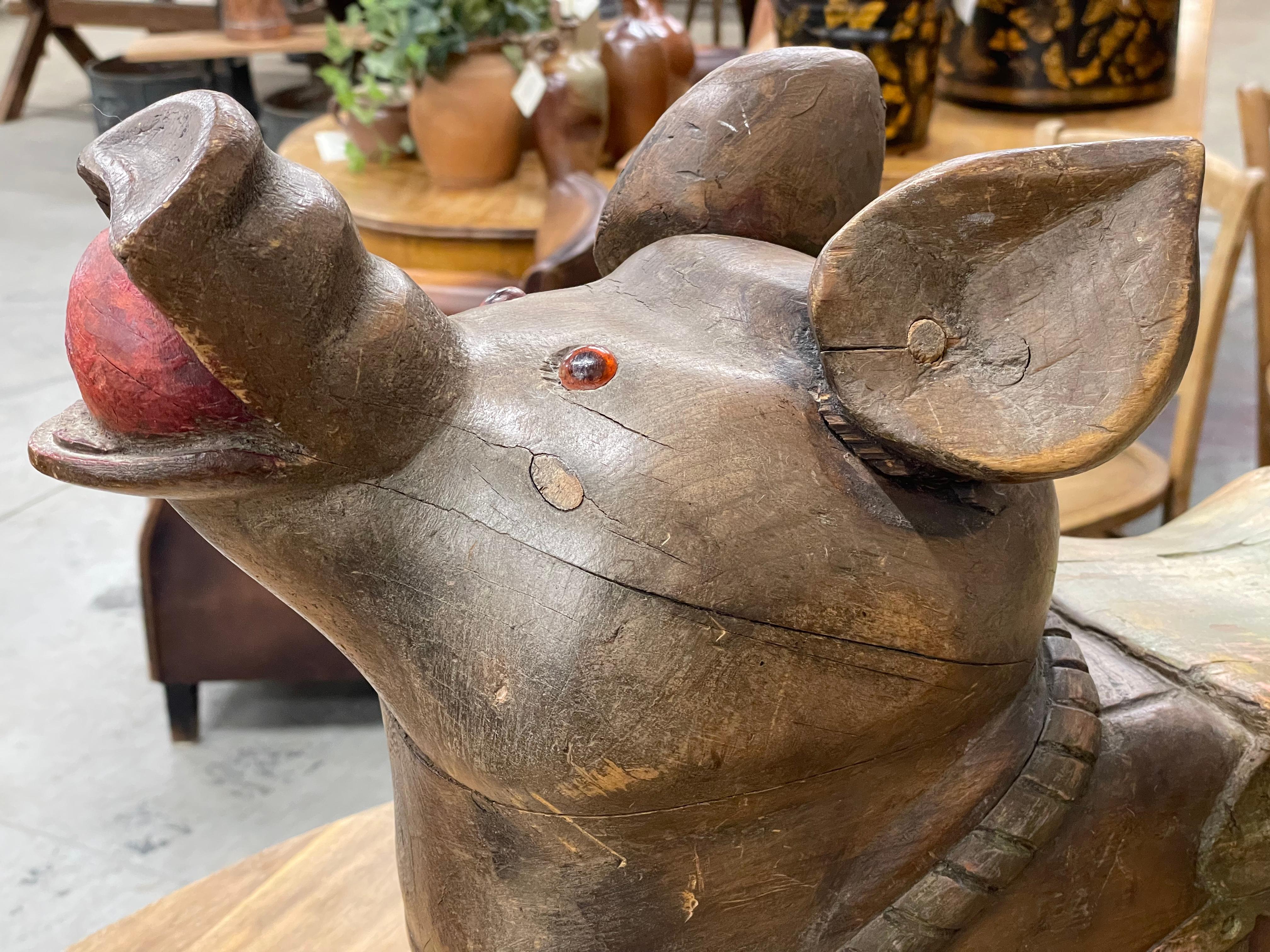 Hand-Carved Antique French Children's Carousel Pig For Sale