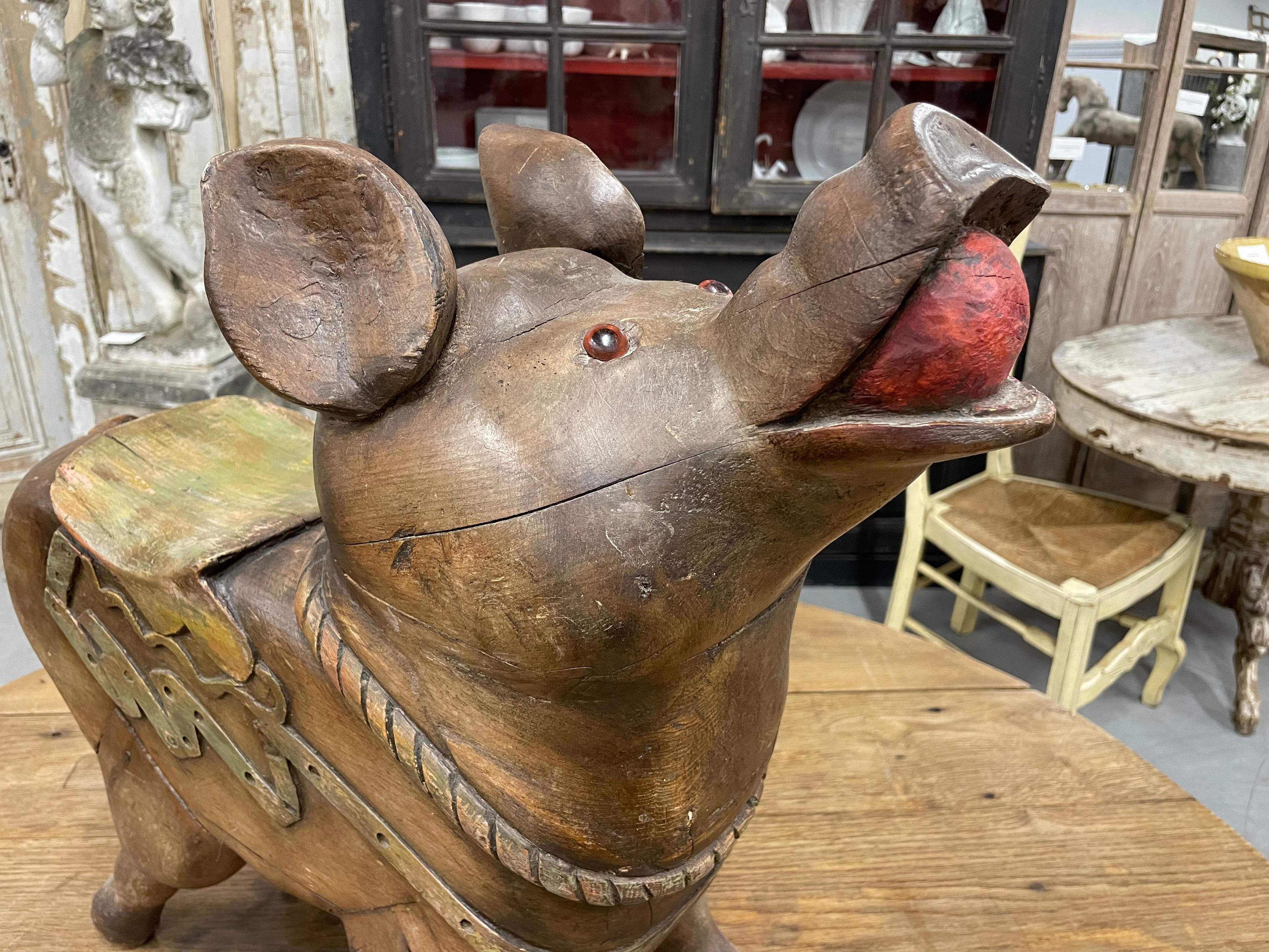 Wood Antique French Children's Carousel Pig For Sale